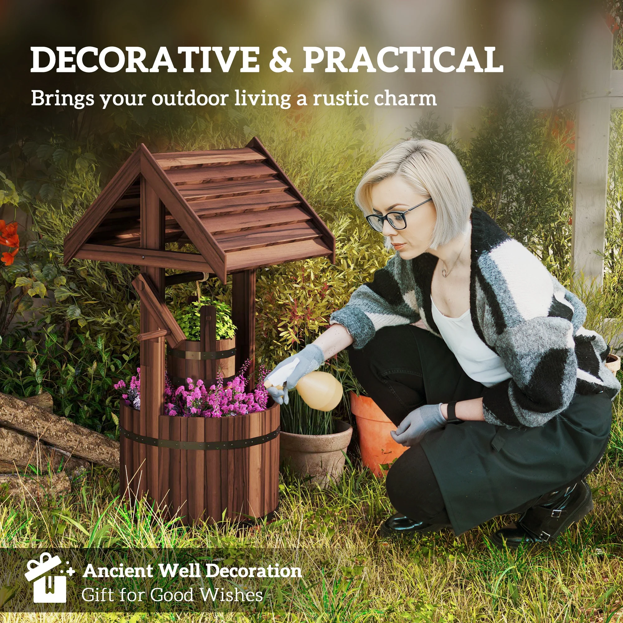 Outsunny Wooden Wishing Well Planter, Flower Planter with Drainage Hole - Image 4