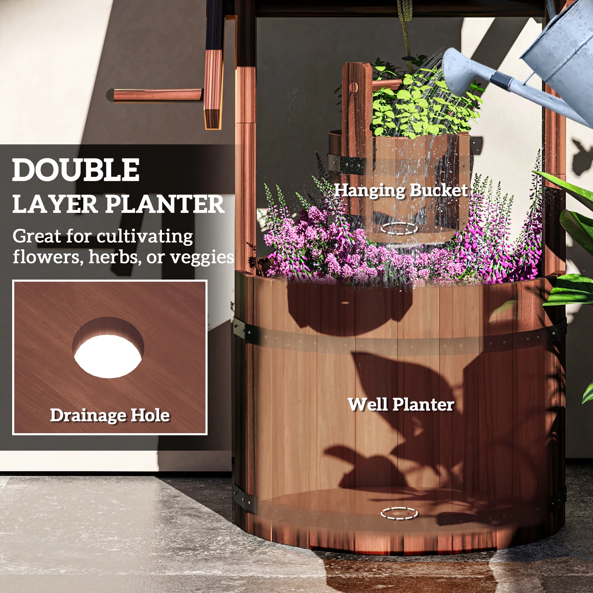 Outsunny Wooden Wishing Well Planter, Flower Planter with Drainage Hole - Image 5