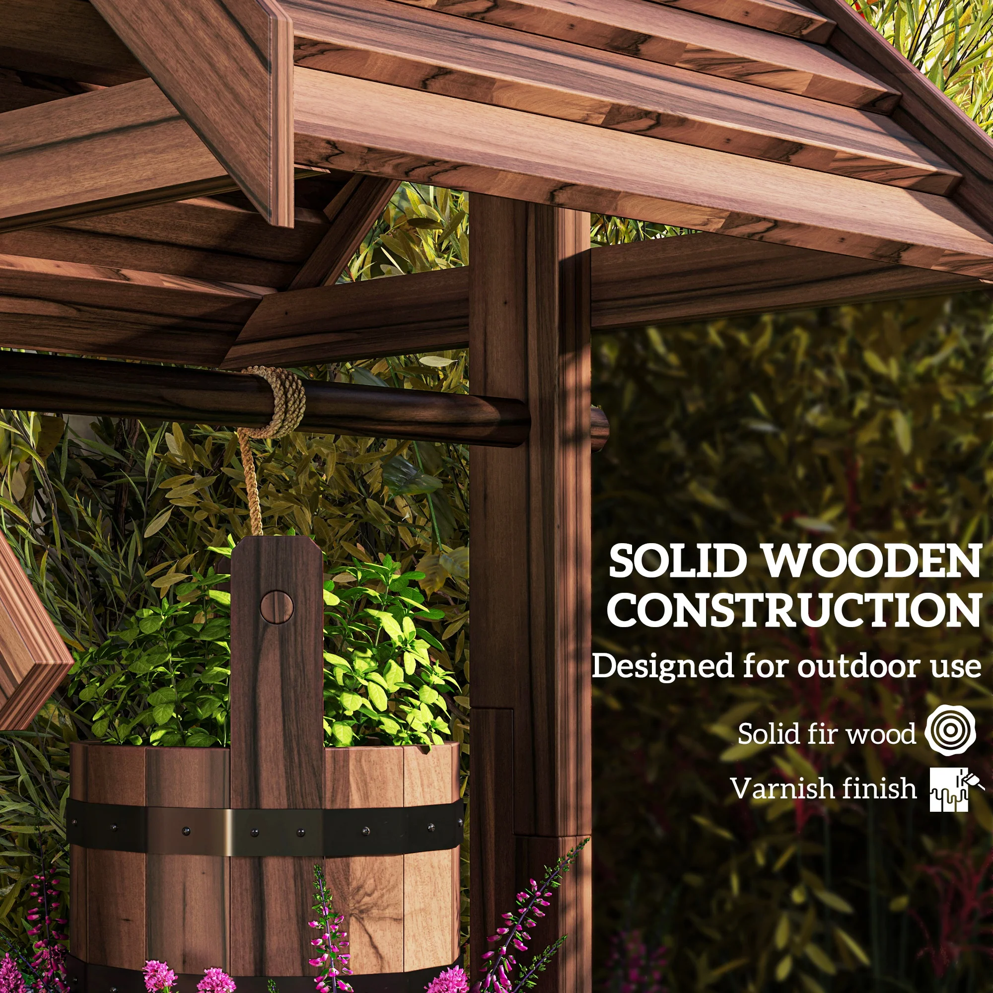 Outsunny Wooden Wishing Well Planter, Flower Planter with Drainage Hole - Image 6