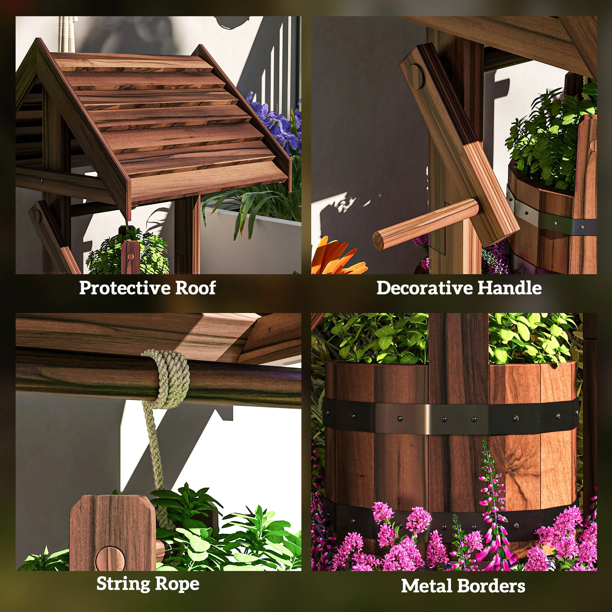 Outsunny Wooden Wishing Well Planter, Flower Planter with Drainage Hole - Image 7