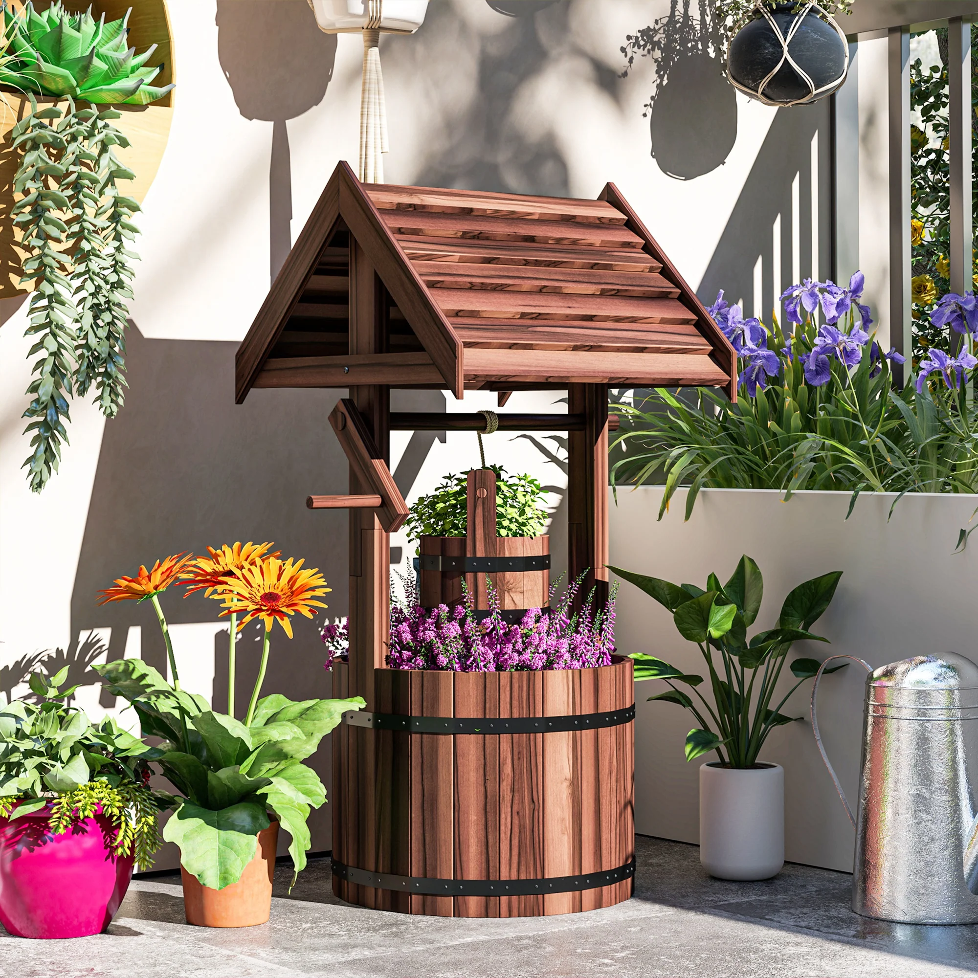 Outsunny Wooden Wishing Well Planter, Flower Planter with Drainage Hole - Image 8