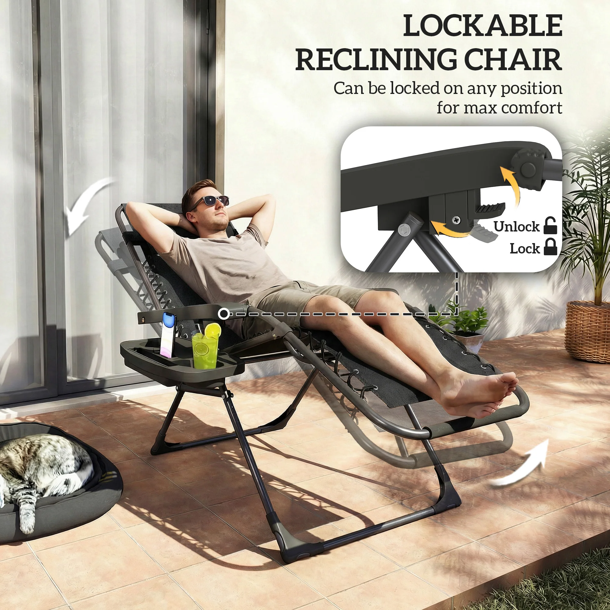 Outsunny Zero Gravity Chairs Set of 2 with Cup Holder, Headrest, Black - Image 4