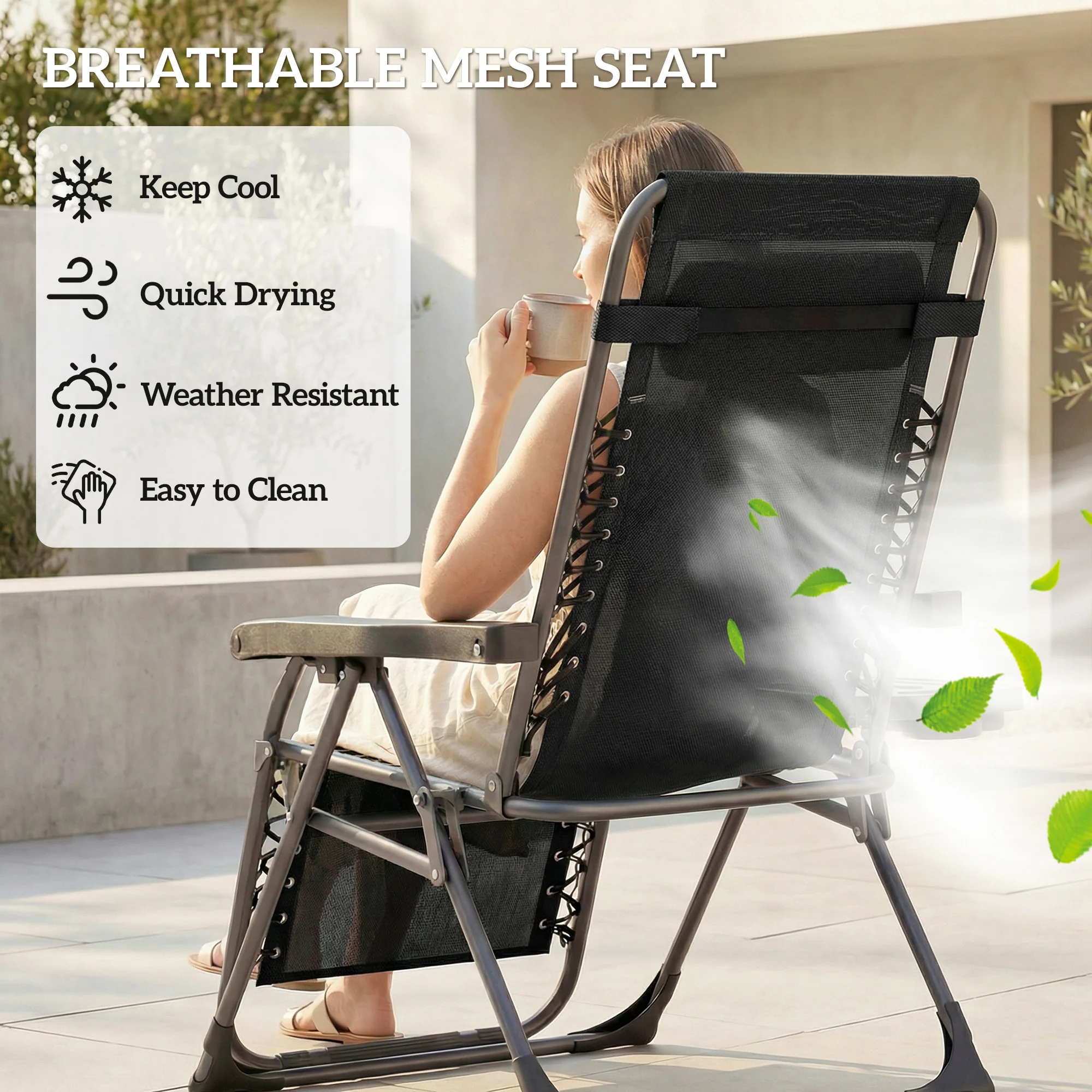 Outsunny Zero Gravity Chairs Set of 2 with Cup Holder, Headrest, Black - Image 8