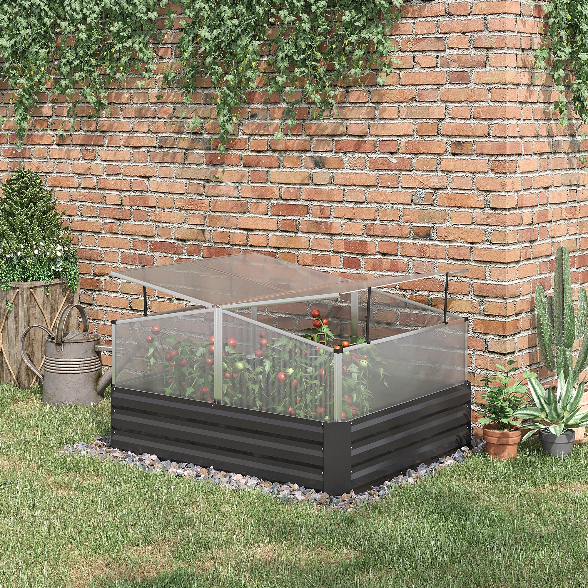 Outsuuny Galvanised Raised Garden Bed with Greenhouse and Cover, Dark Grey - Image 2