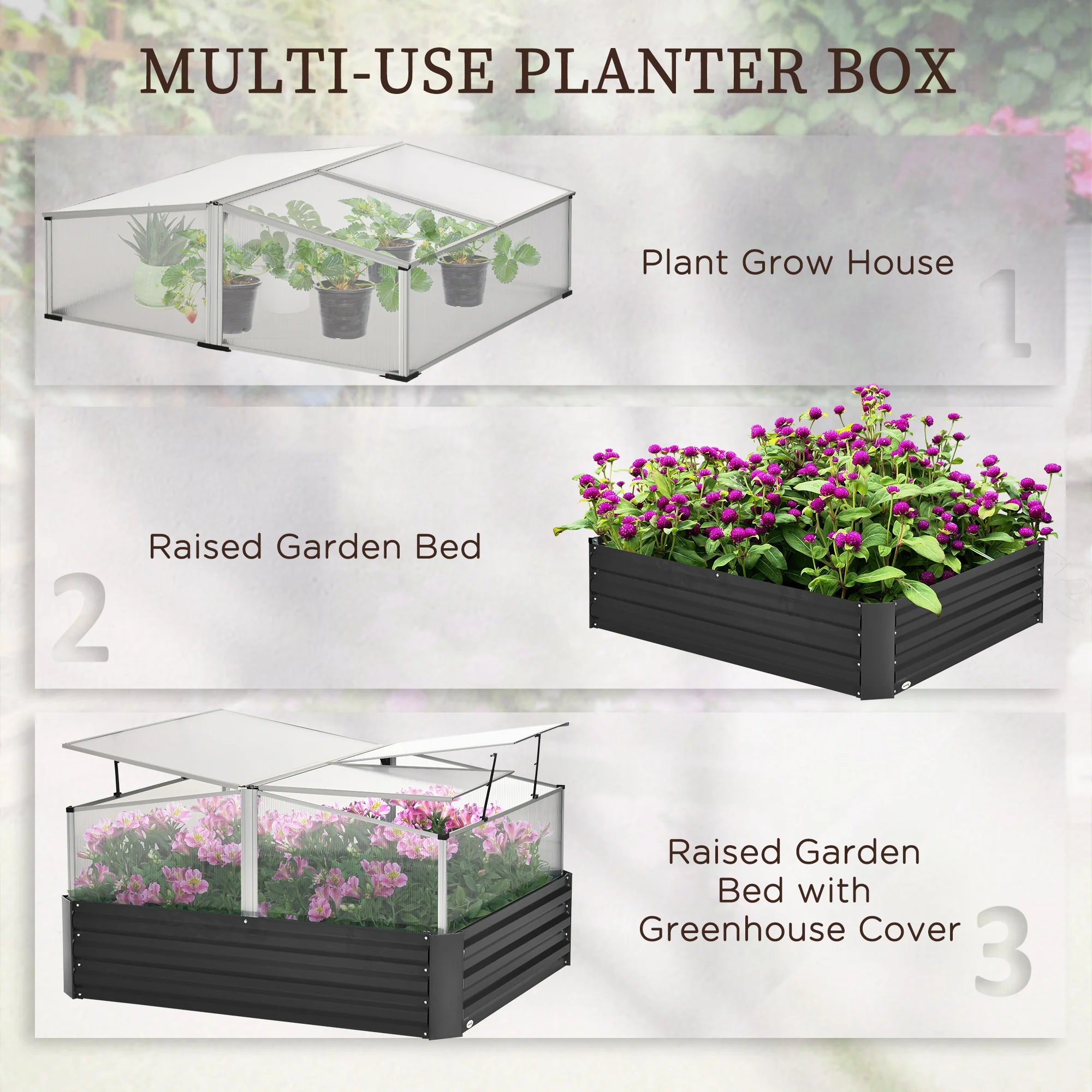 Outsuuny Galvanised Raised Garden Bed with Greenhouse and Cover, Dark Grey - Image 3