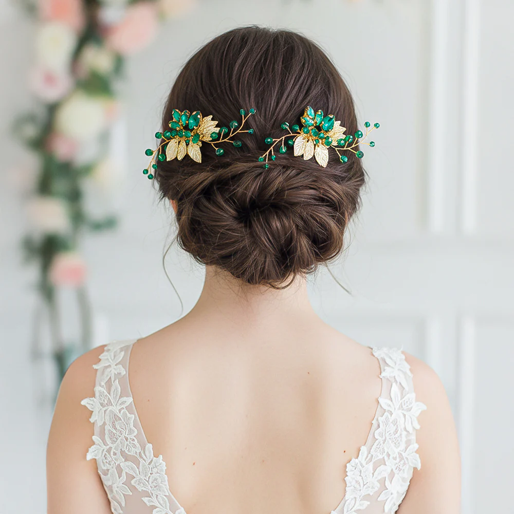 Pack Of 2 Delicate Wedding Side Hair Combs Gold & Green