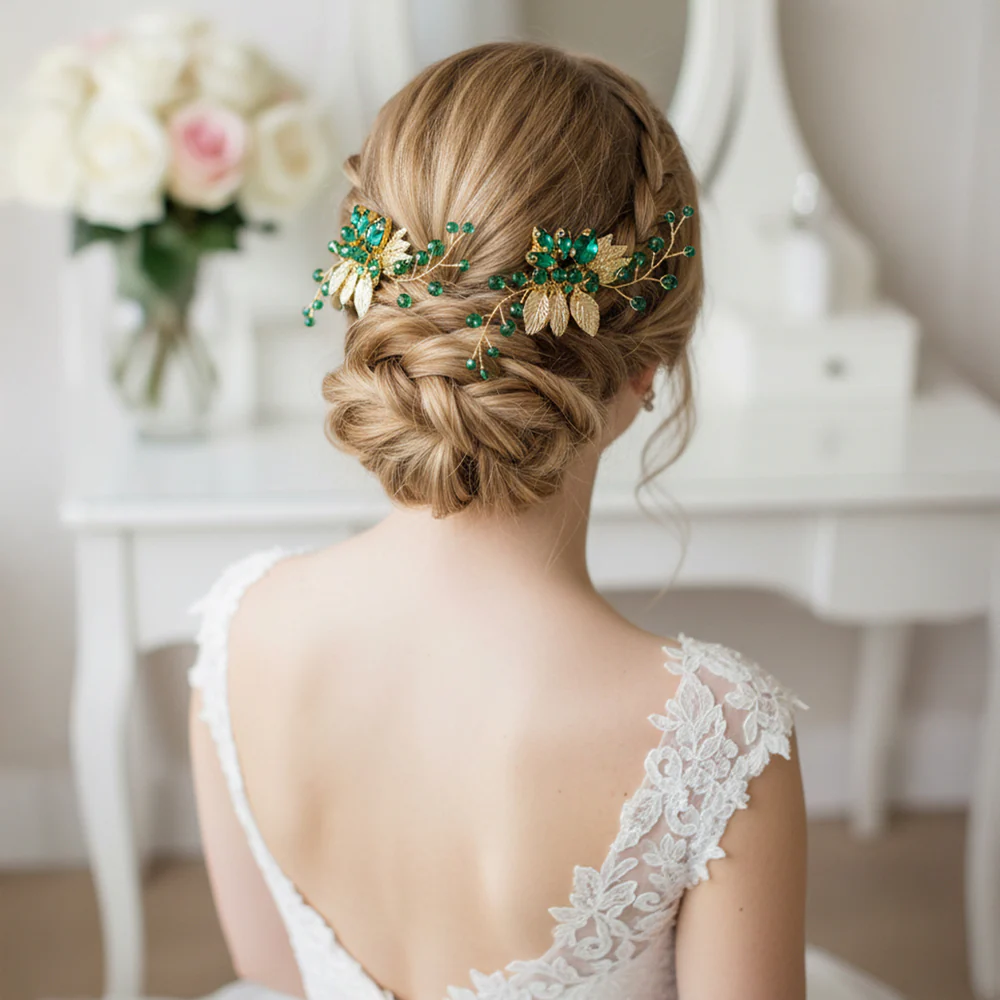 Pack Of 2 Delicate Wedding Side Hair Combs Gold & Green - Image 2