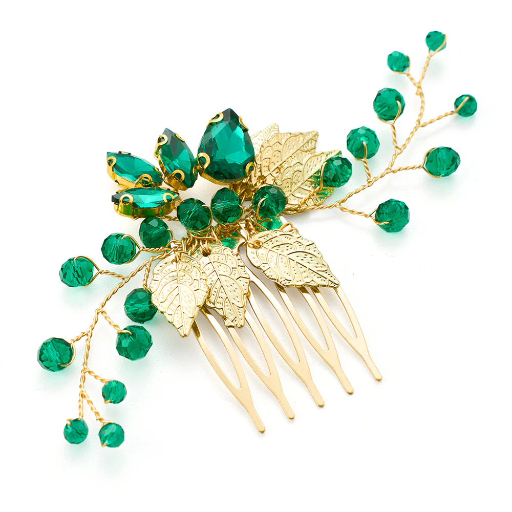 Pack Of 2 Delicate Wedding Side Hair Combs Gold & Green - Image 3