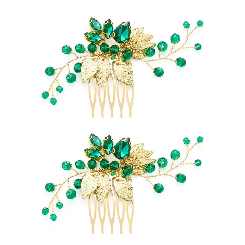 Pack Of 2 Delicate Wedding Side Hair Combs Gold & Green - Image 4
