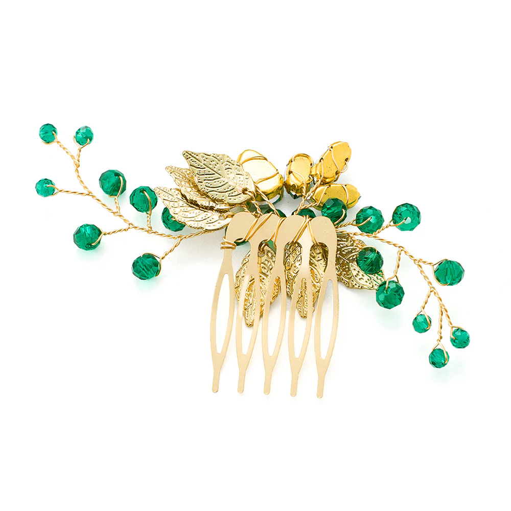Pack Of 2 Delicate Wedding Side Hair Combs Gold & Green - Image 5
