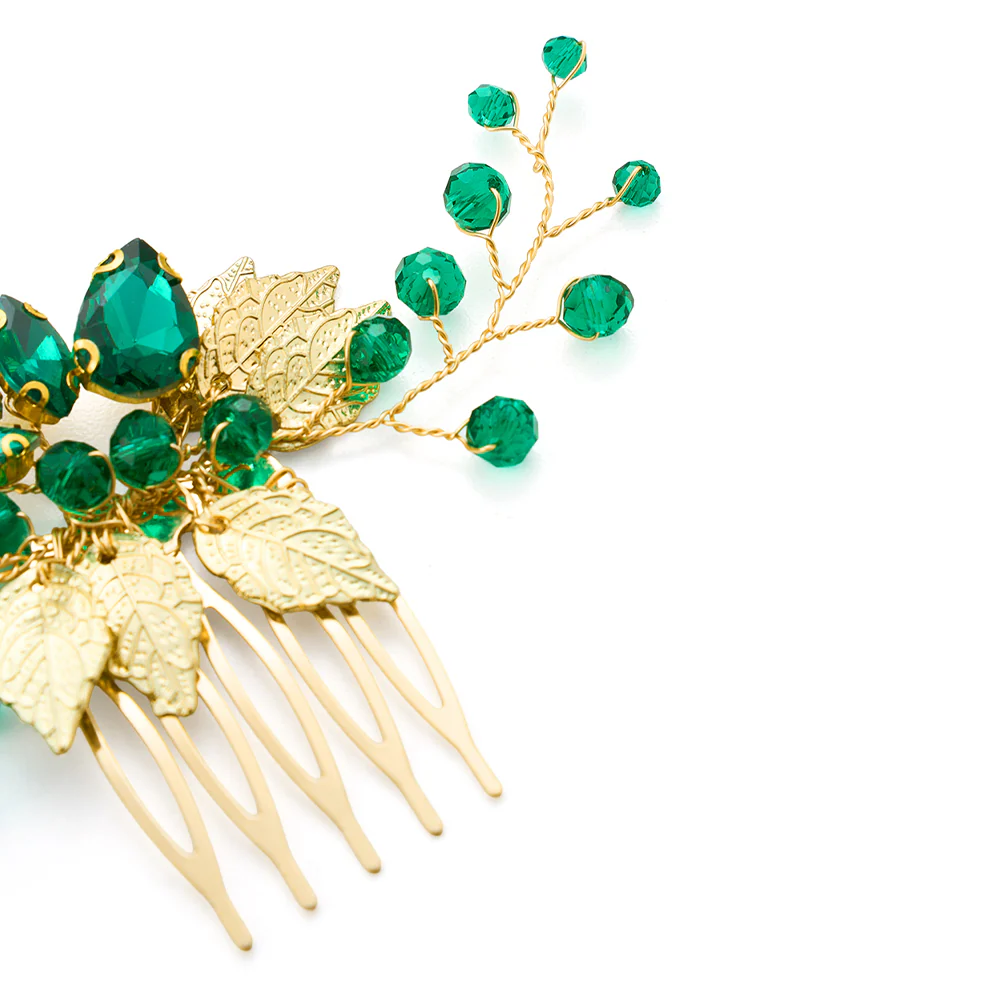 Pack Of 2 Delicate Wedding Side Hair Combs Gold & Green - Image 6