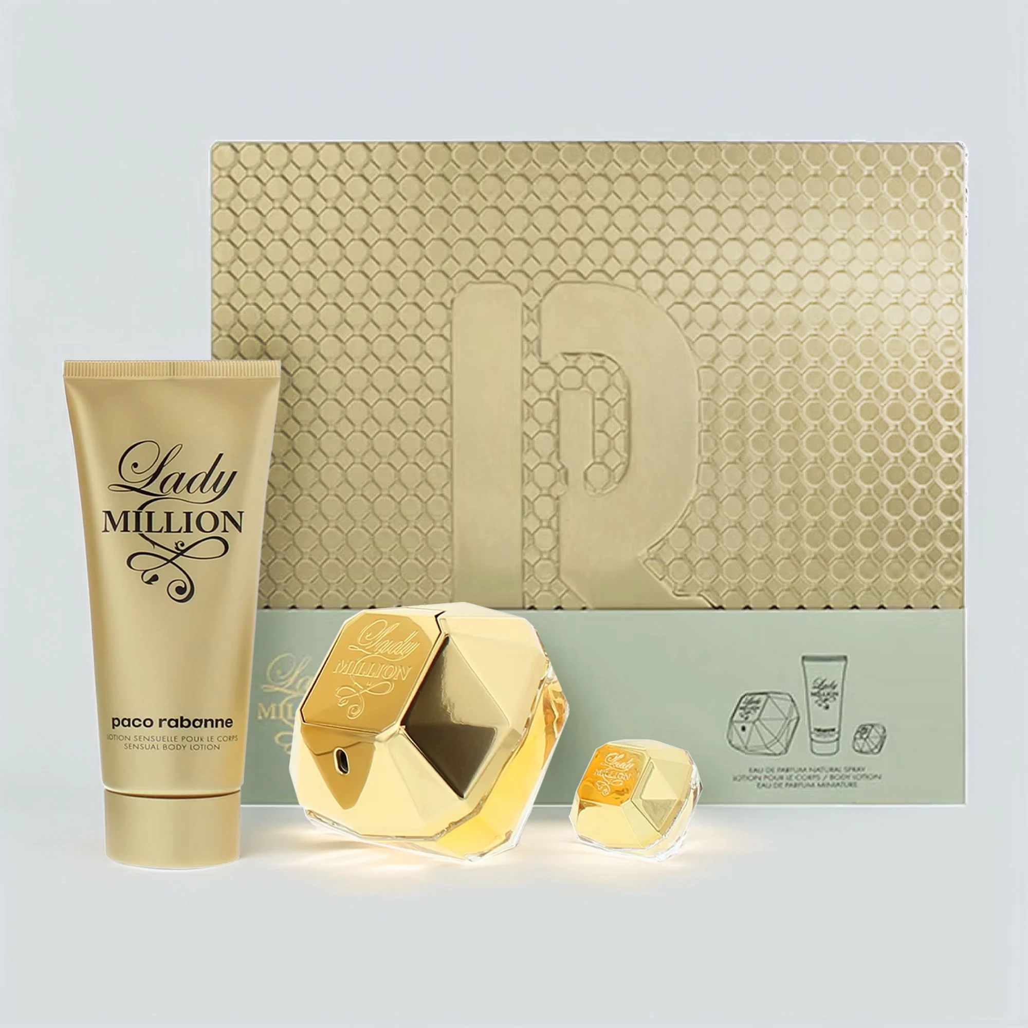 Paco Rabanne Lady Million 3 Piece Gift Set: Eau De Parfum 80ml - Body Lotion 100ml - Eau De Parfum 5ml - Image 3