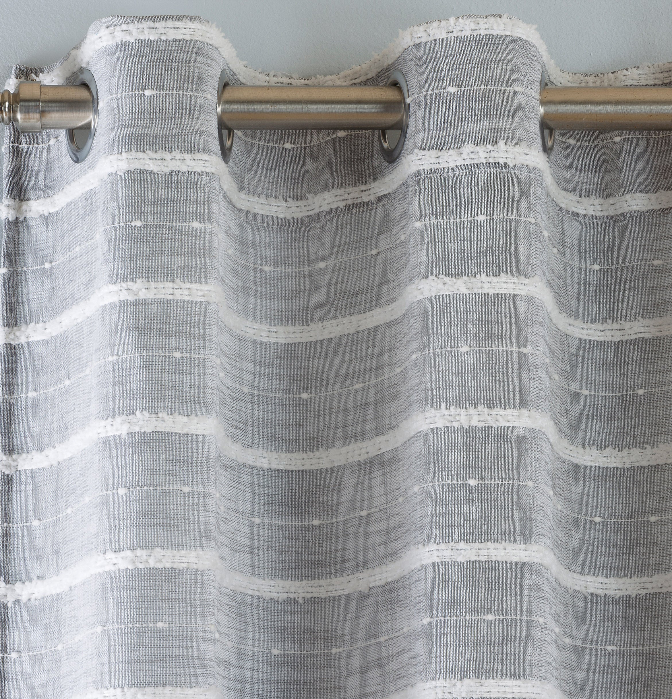 Pair of Antigua Grey Chenille Striped Single Voile Panels with Eyelet Header - Image 2