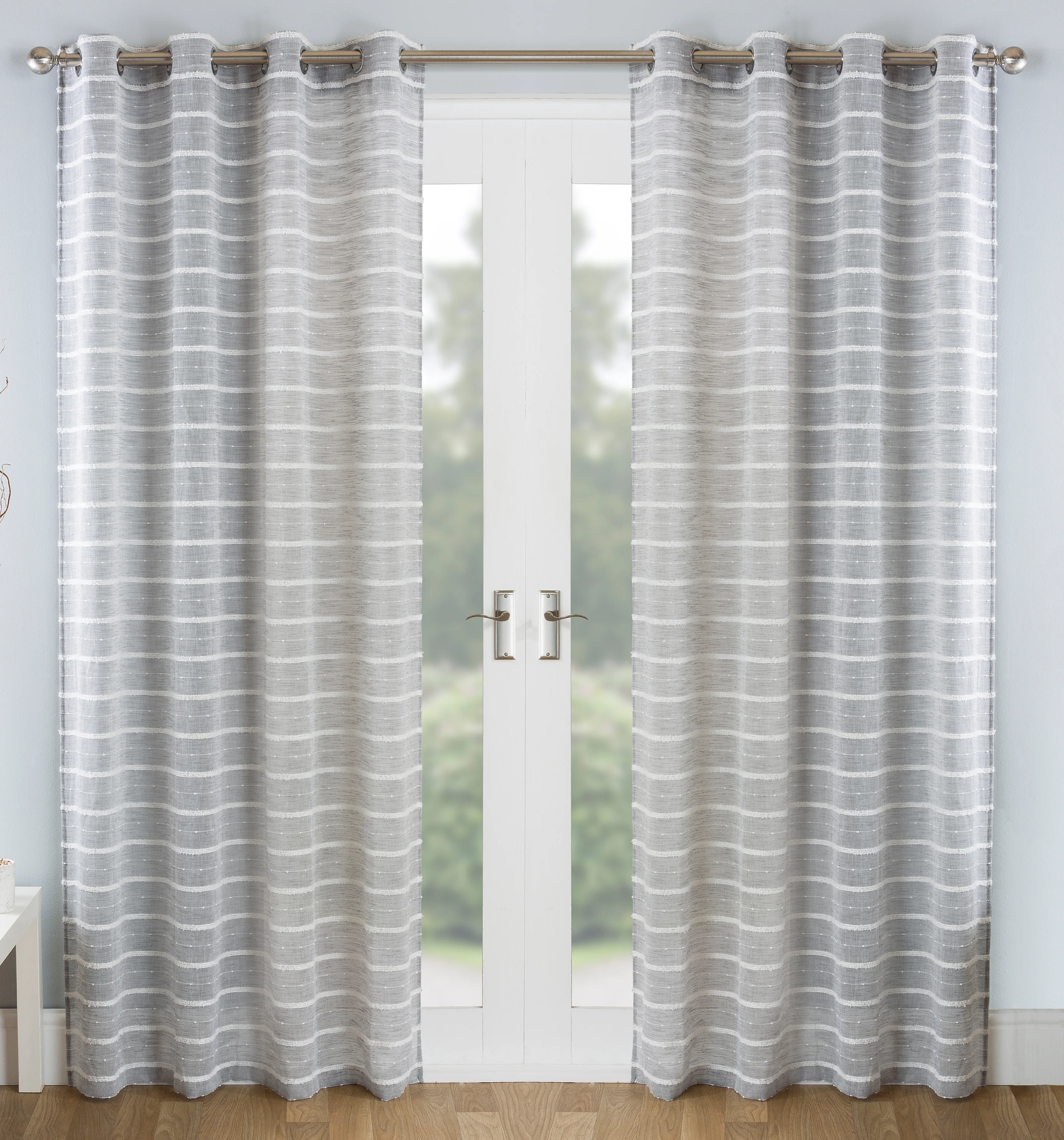 Pair of Antigua Grey Chenille Striped Single Voile Panels with Eyelet Header - Image 5