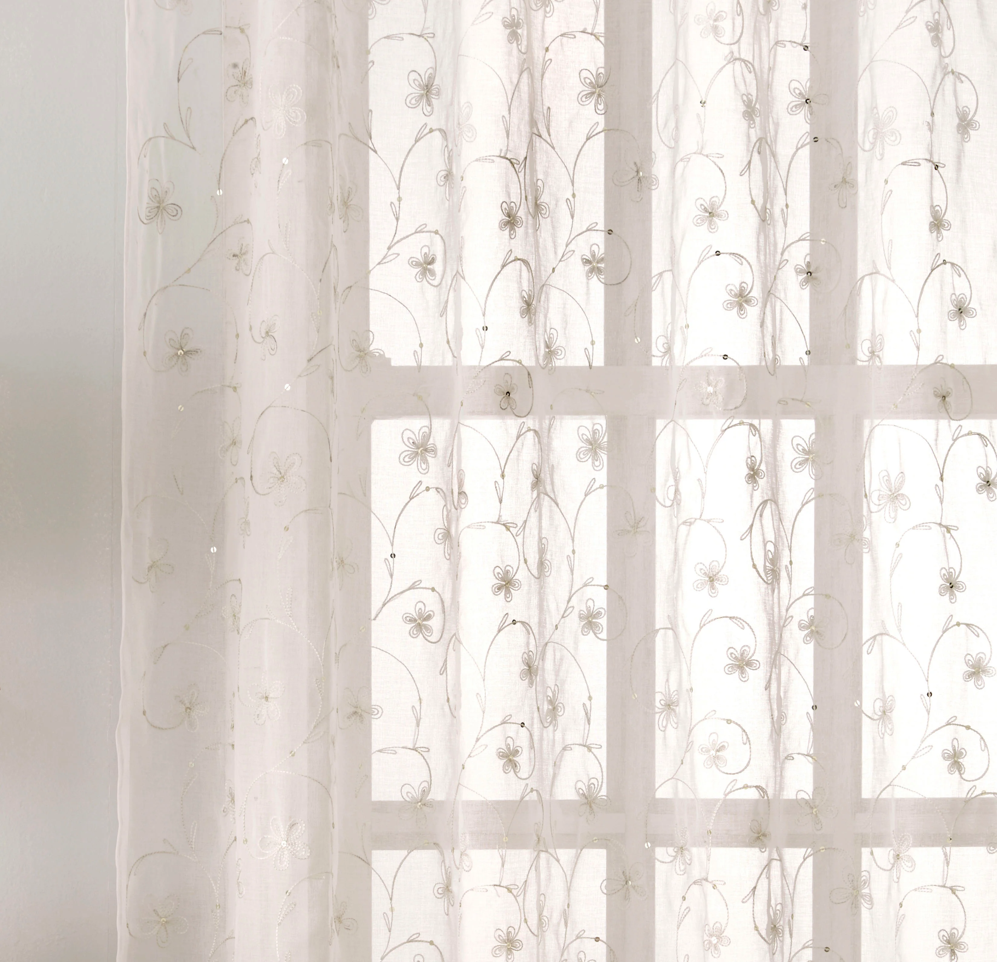 Pair of Belle Cream Sheer Floral Embroidery Voile Panels with Rod Pocket Header - Image 3