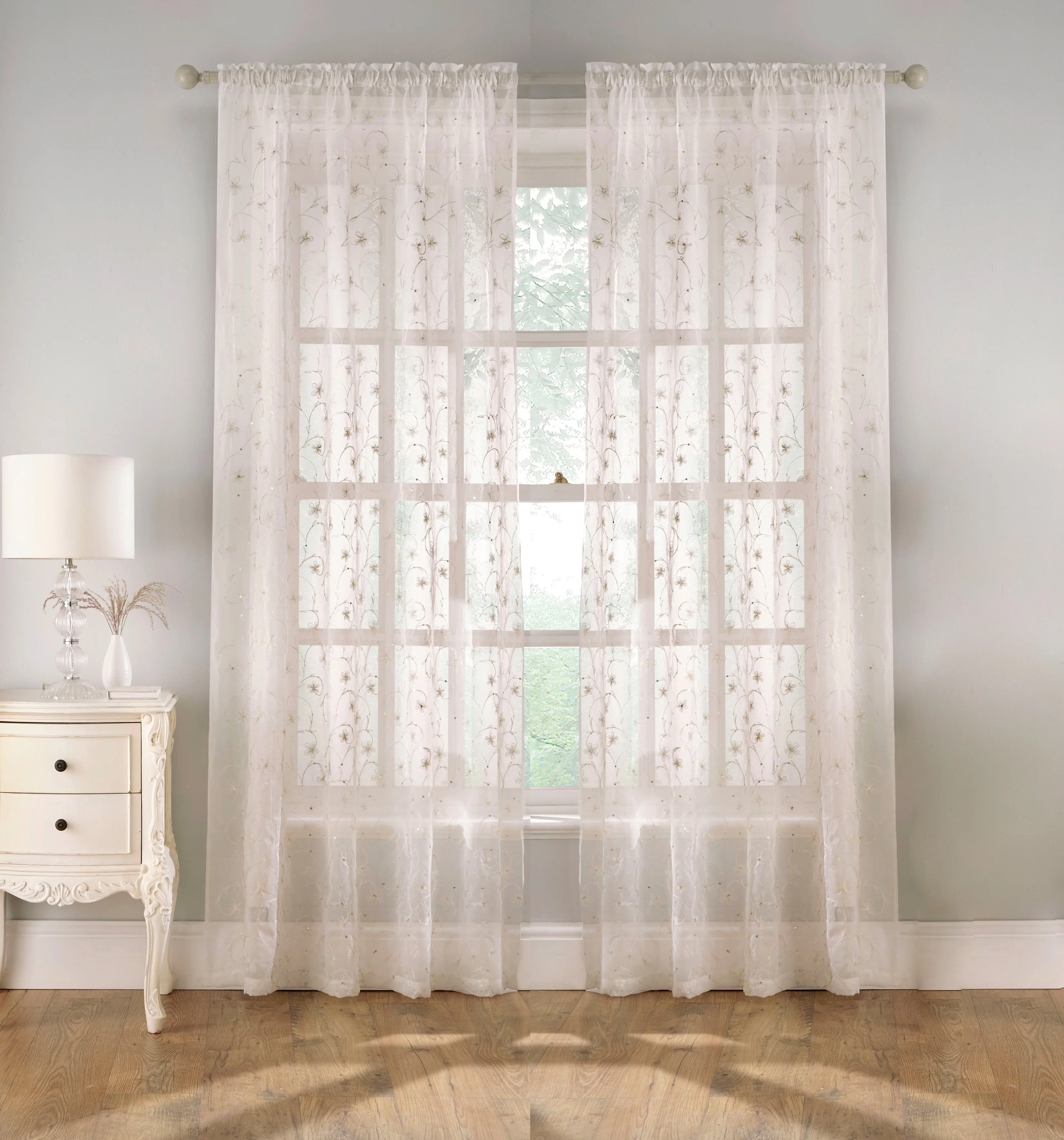 Pair of Belle Cream Sheer Floral Embroidery Voile Panels with Rod Pocket Header - Image 5