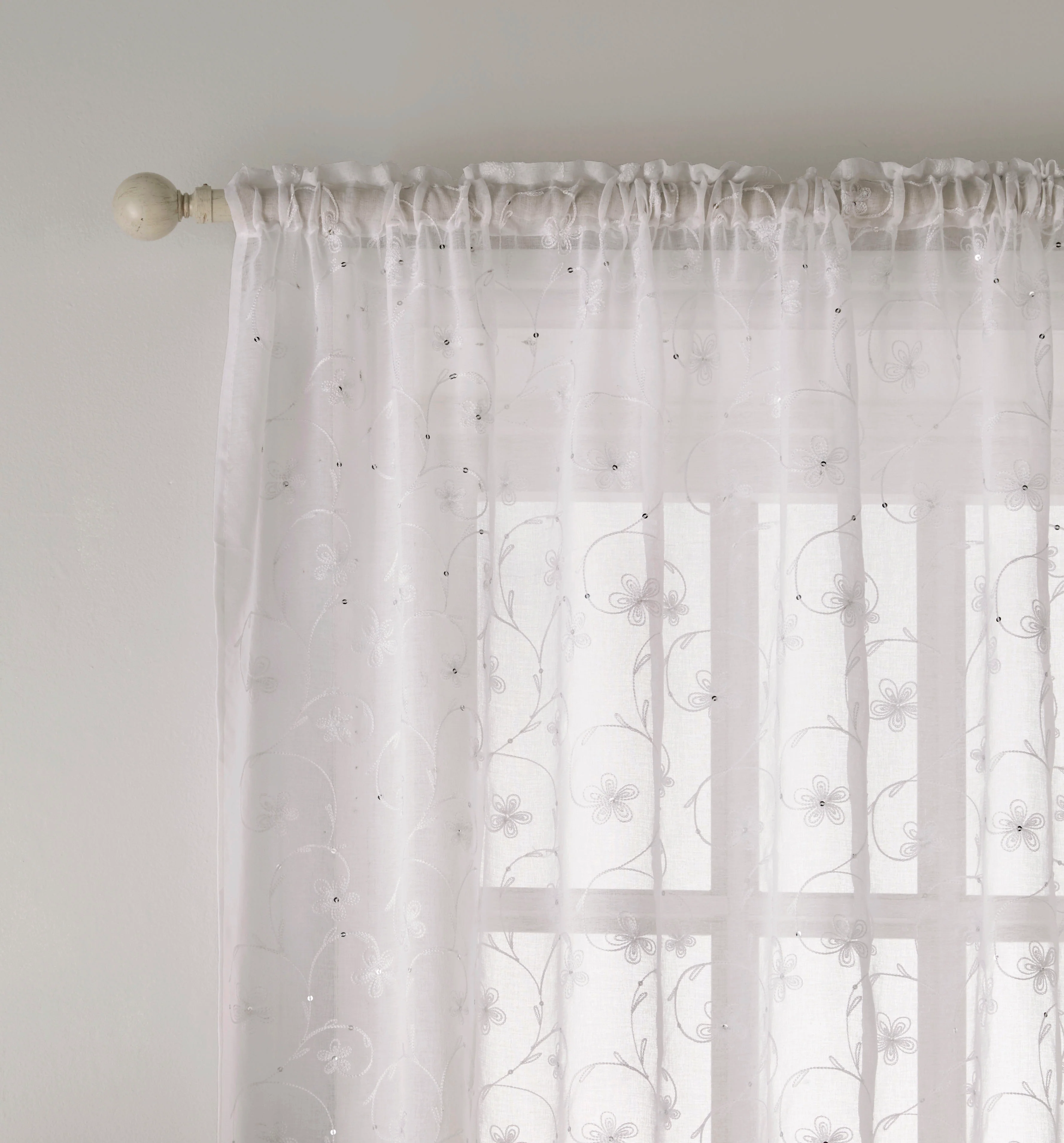 Pair of Belle White Sheer Floral Embroidery Voile Panels with Rod Pocket Header - Image 2