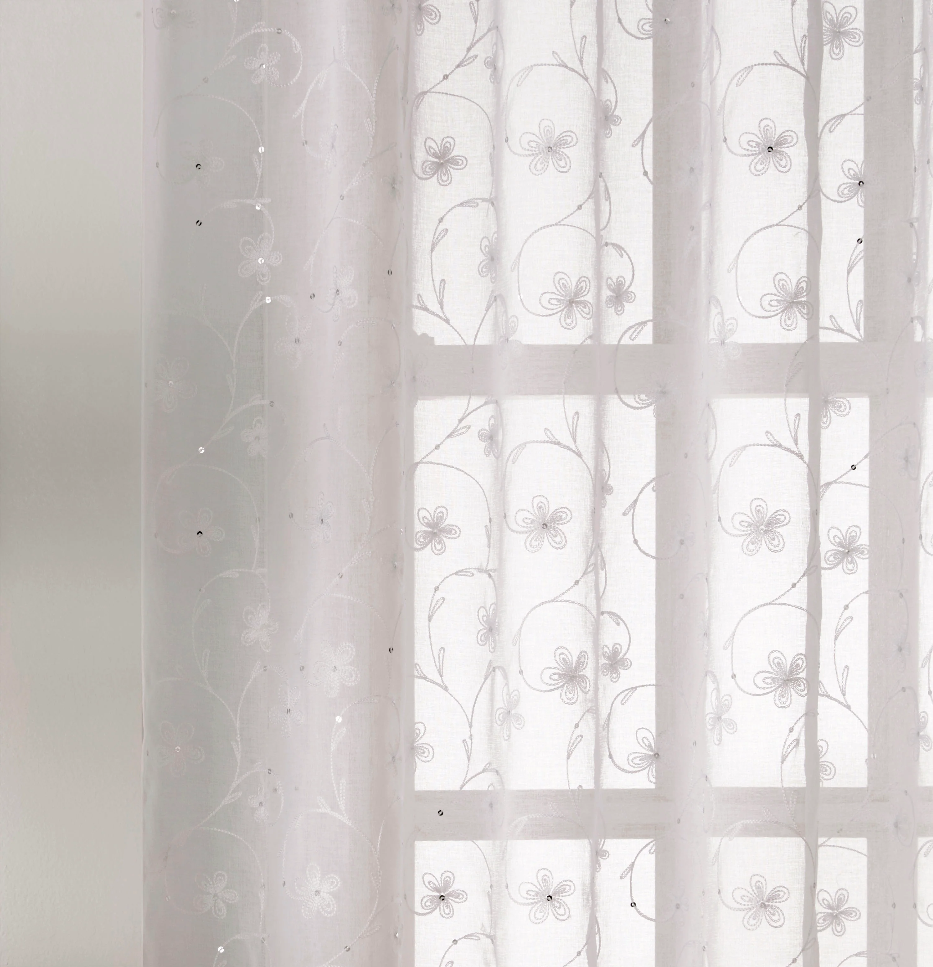 Pair of Belle White Sheer Floral Embroidery Voile Panels with Rod Pocket Header - Image 3