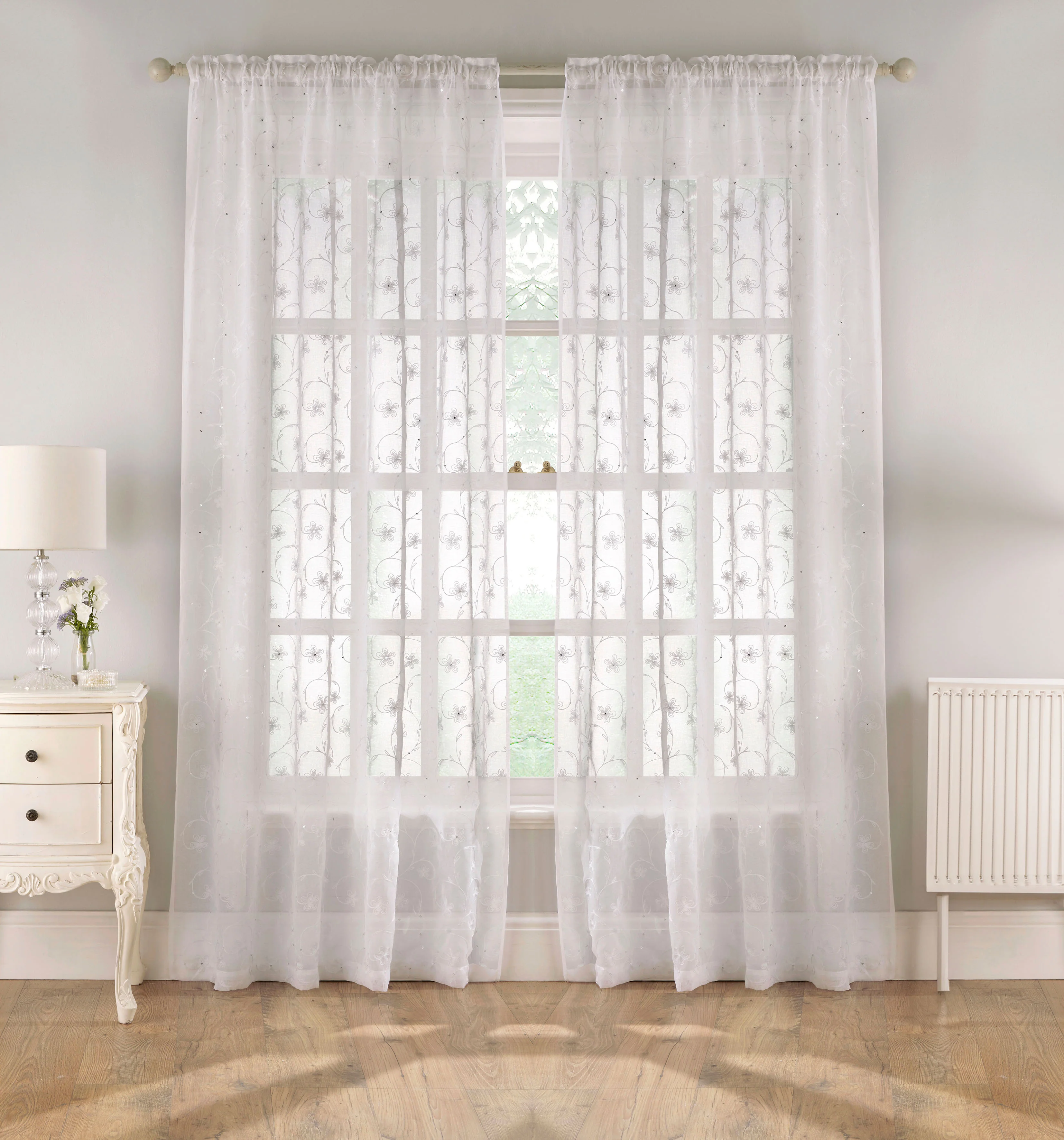 Pair of Belle White Sheer Floral Embroidery Voile Panels with Rod Pocket Header - Image 5