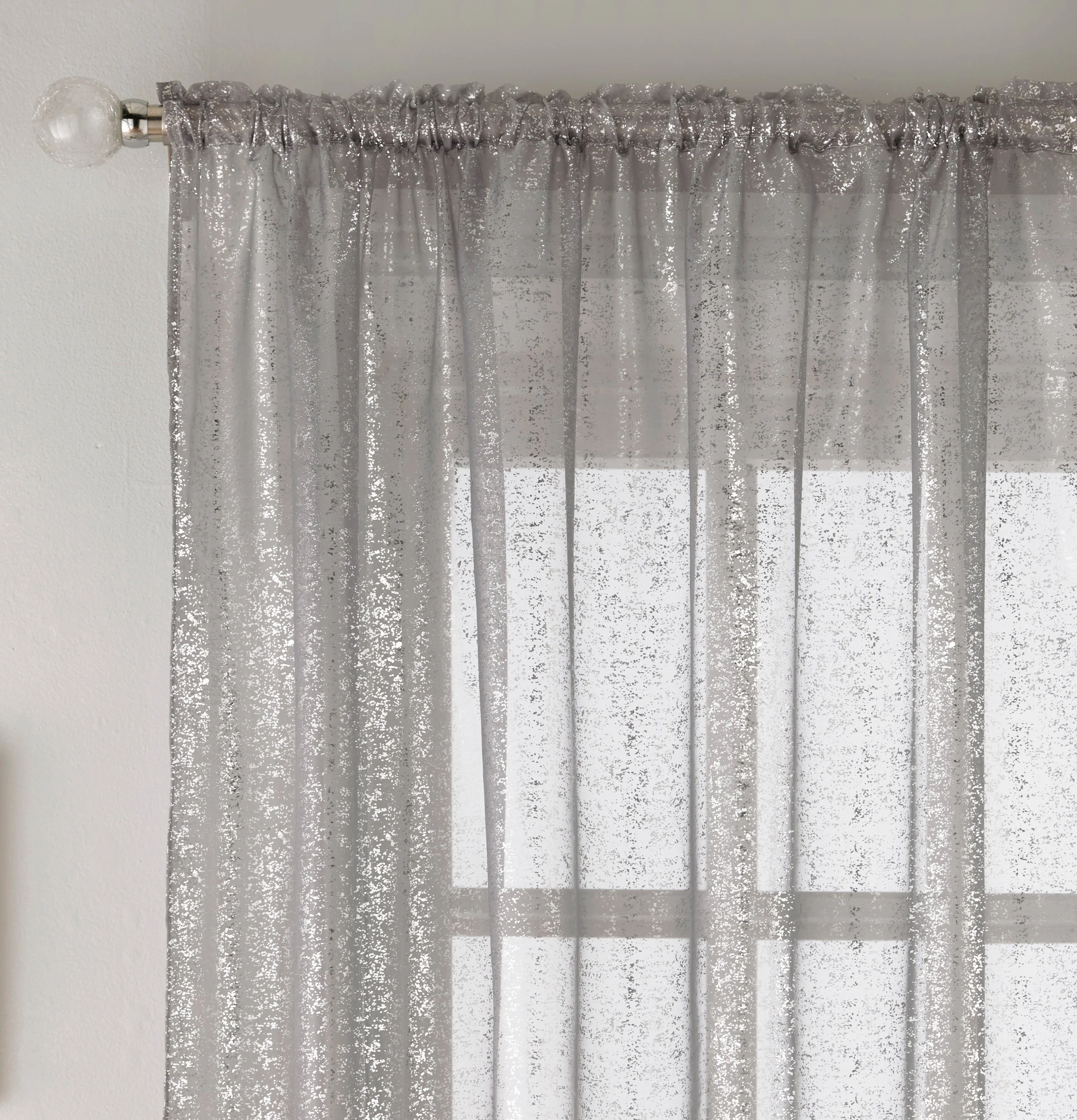 Pair of Pandora Grey Glittery Metallic Print Panel with Rod Pocket Header - Image 2