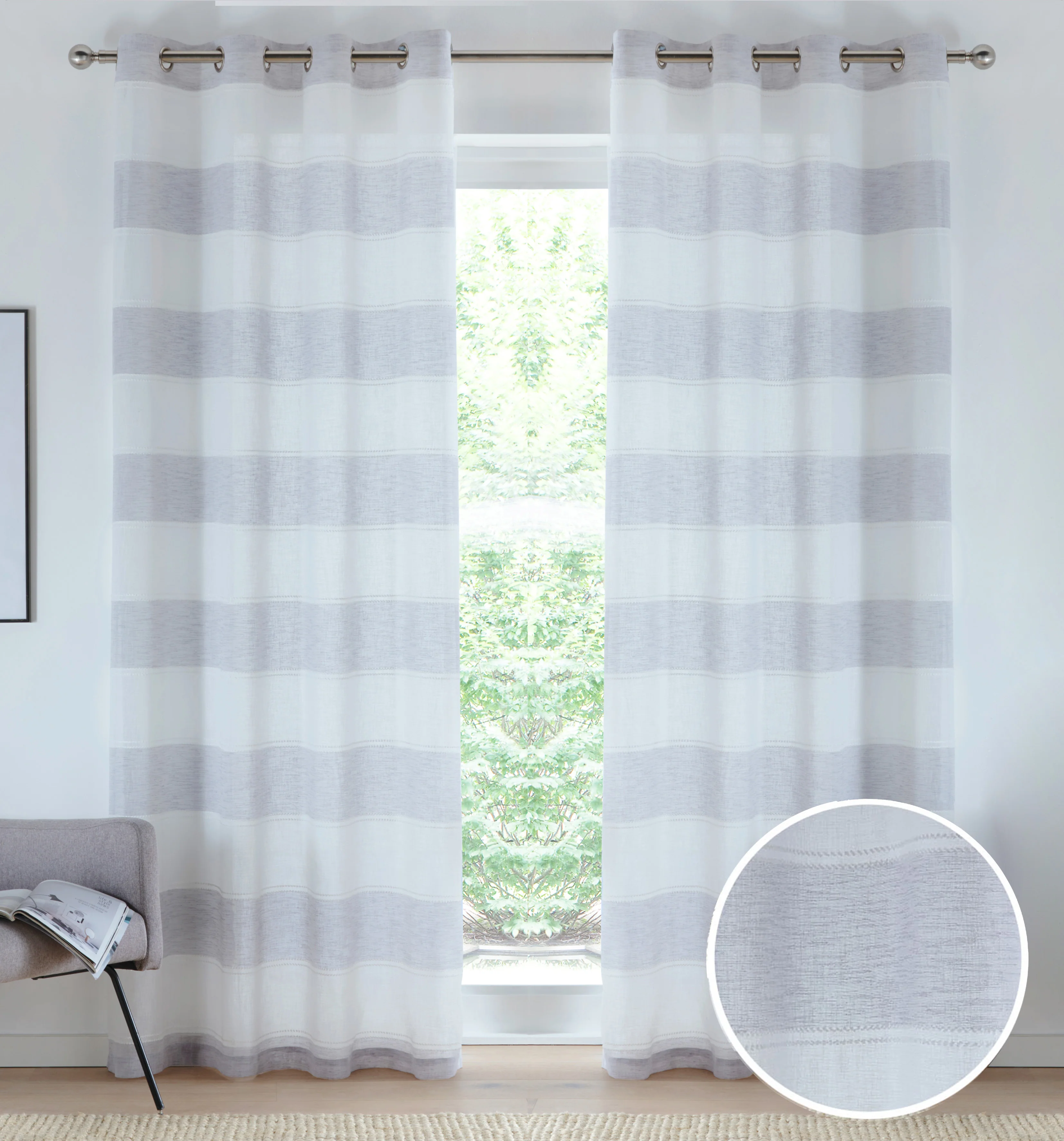 Pair of Santorini Grey Linen Look Stripe Panels with Eyelet Header