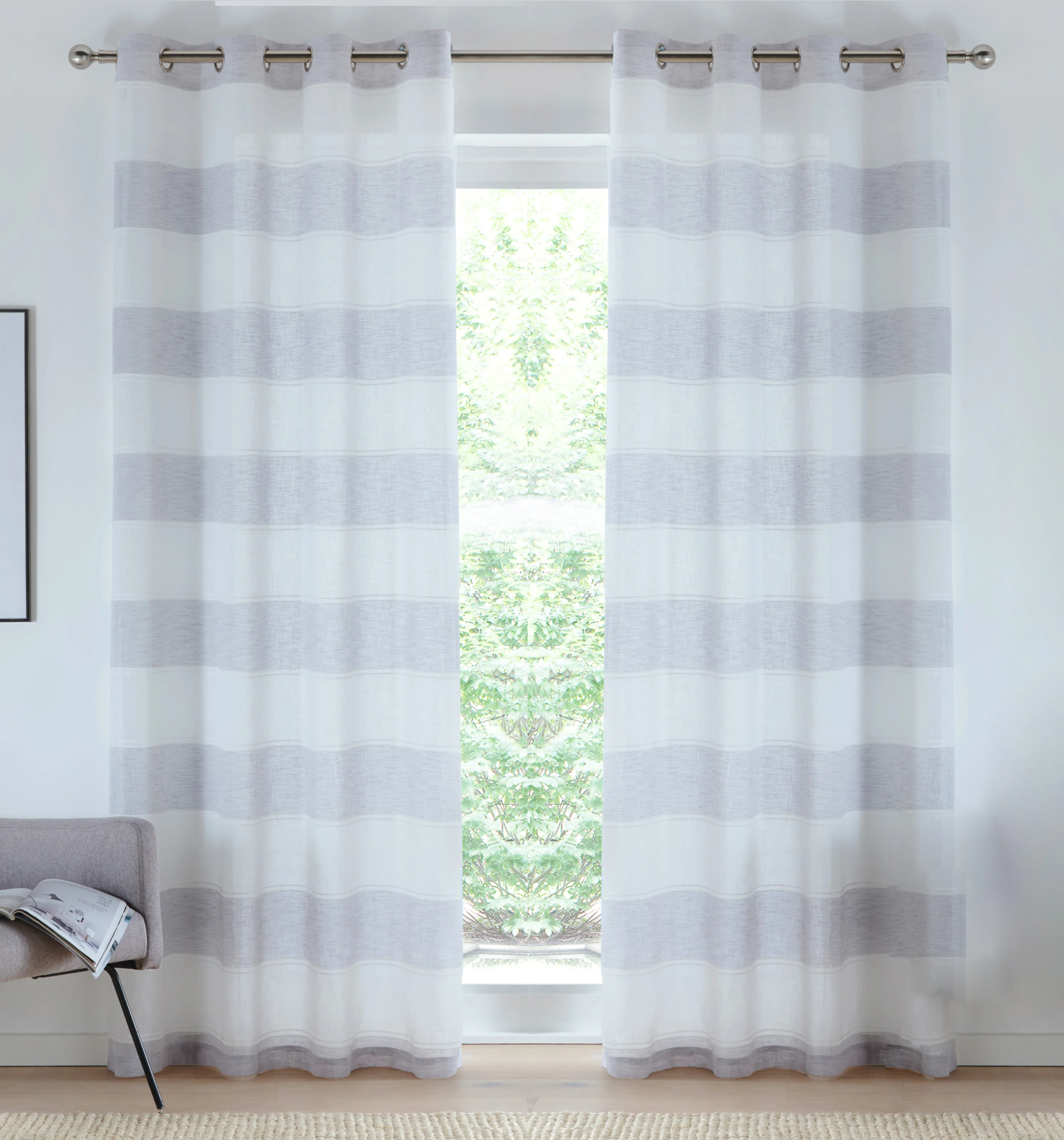 Pair of Santorini Grey Linen Look Stripe Panels with Eyelet Header - Image 5