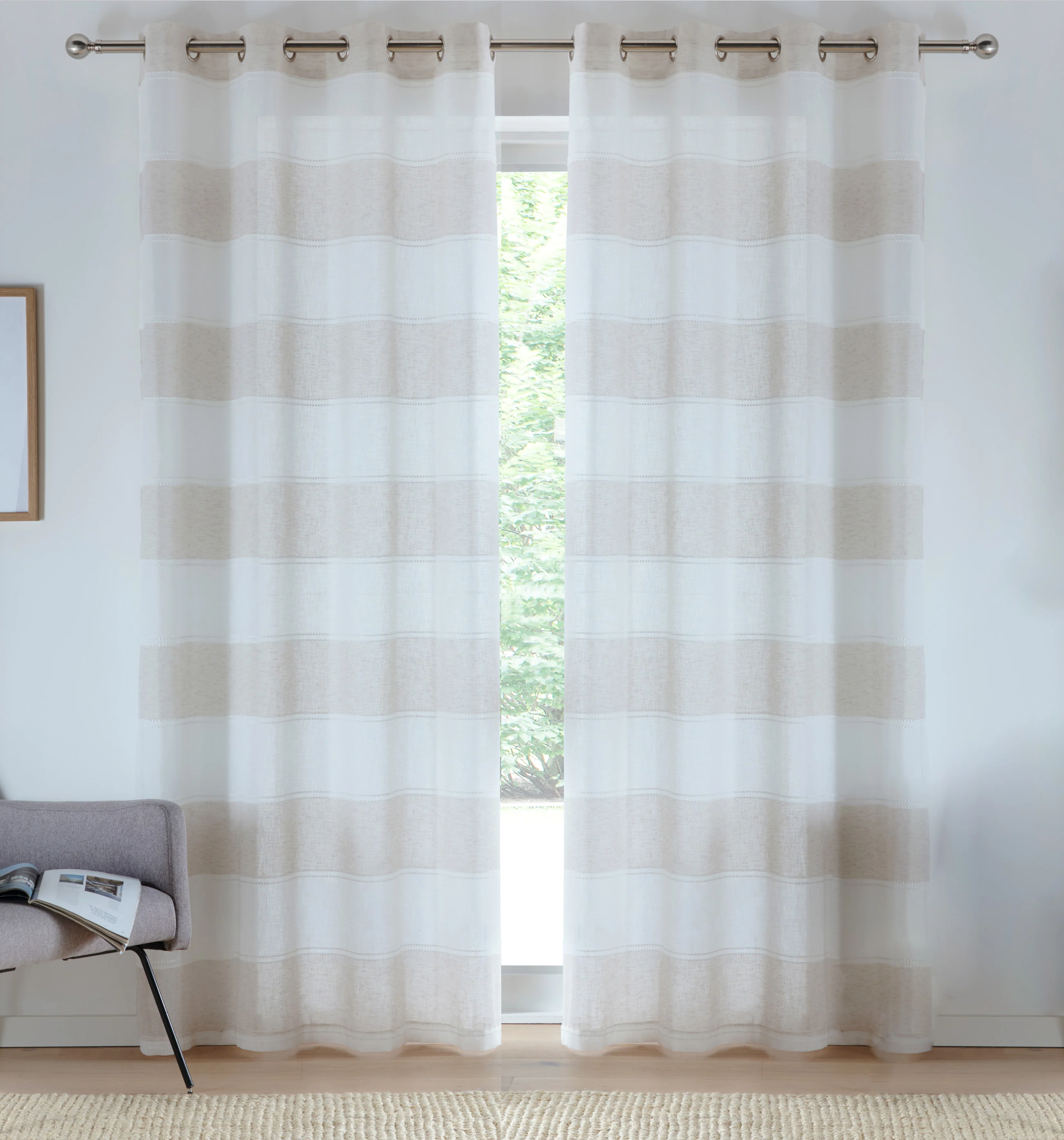 Pair of Santorini Natural Cream/Beige Linen Look Stripe Panels with Eyelet Header - Image 5