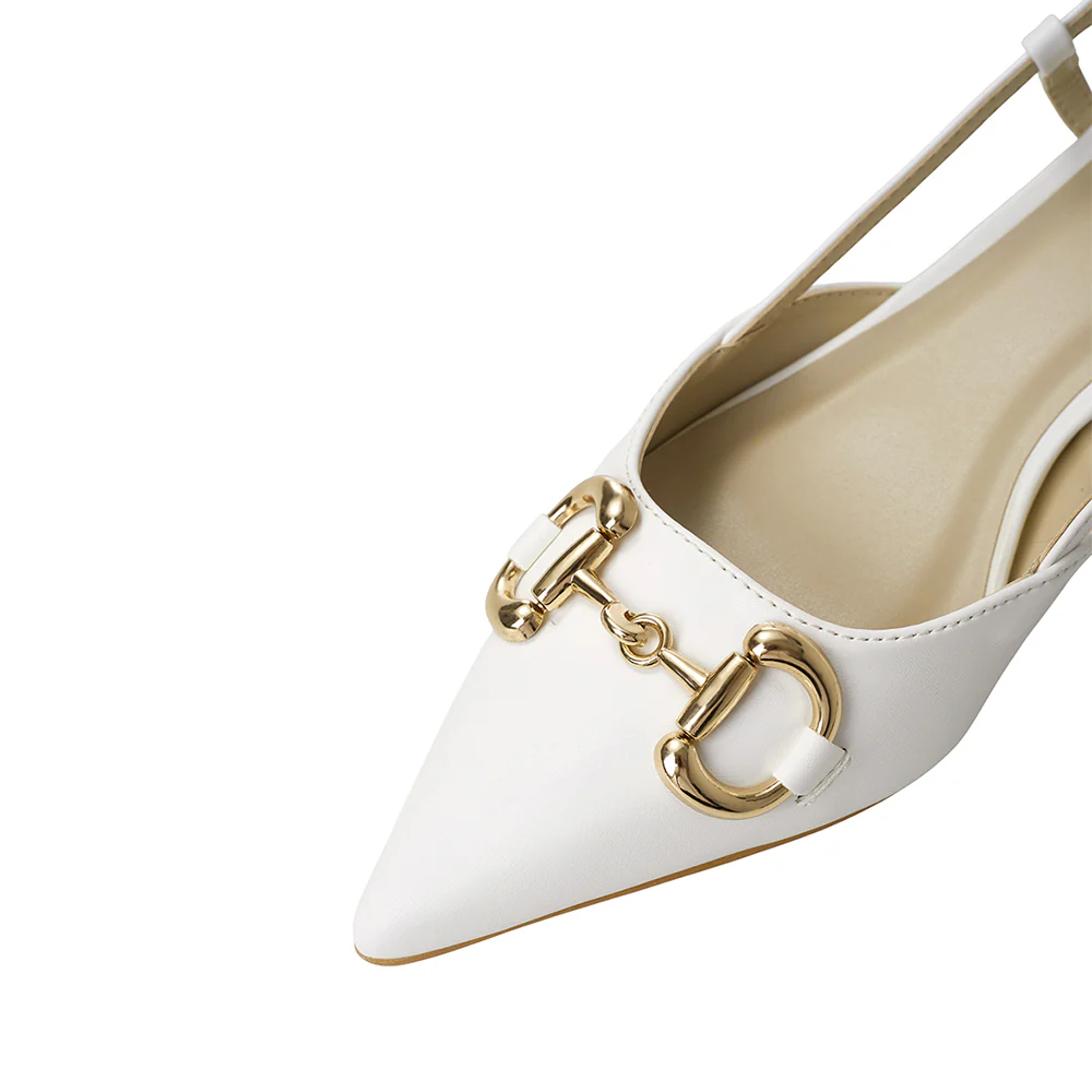 Pair Of Solid Pointed Slingback Pumps Kitten Heels - White - Image 7