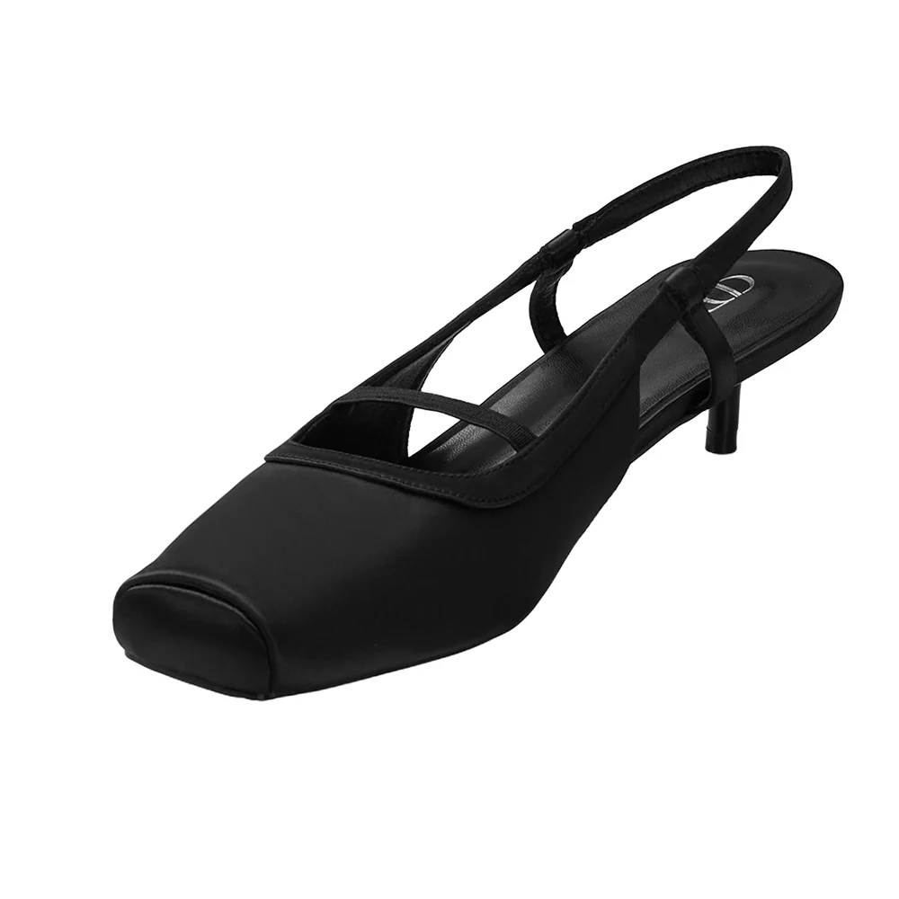 Pair Of Solid Slingback Pumps Low Heels -Black - Image 4