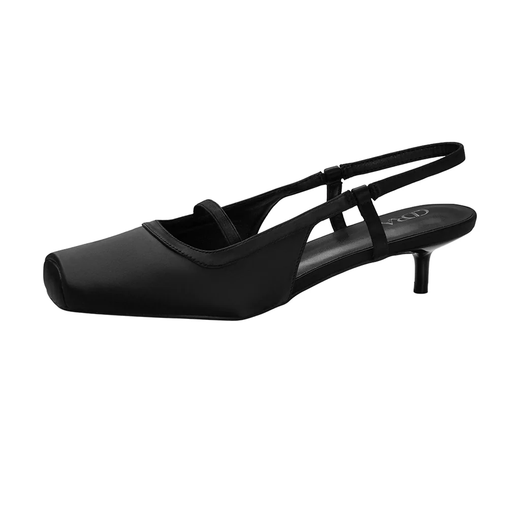 Pair Of Solid Slingback Pumps Low Heels -Black - Image 5