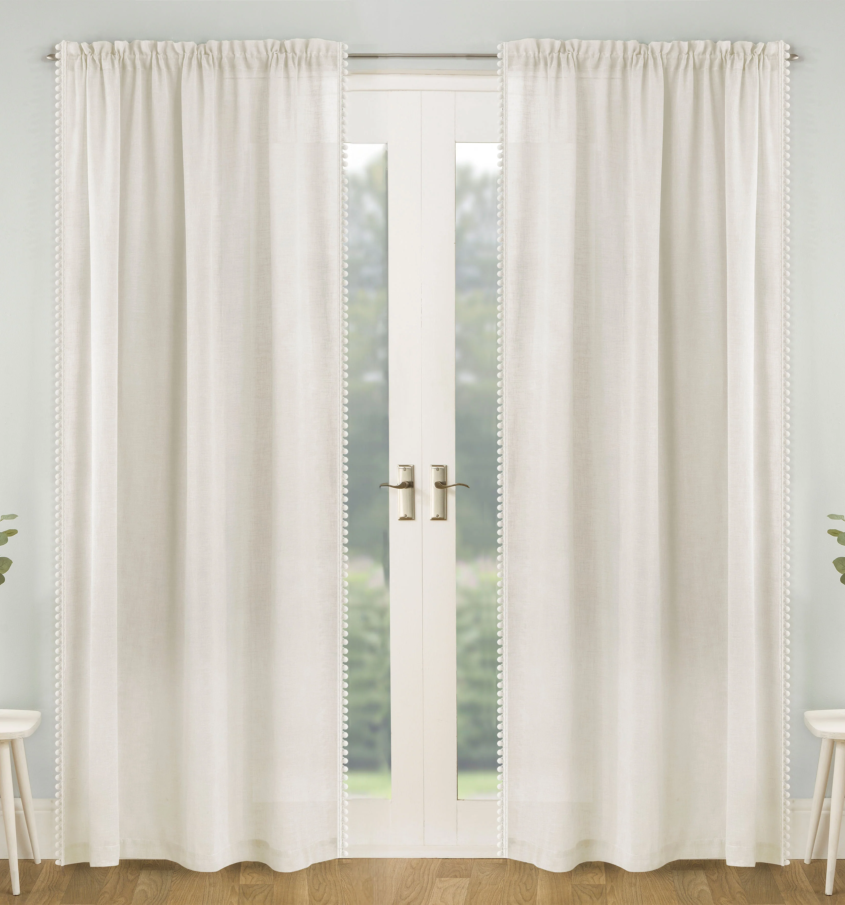 Pair Of Tahiti Cream Pom-Pom Trim Linen Look Voile Panels With Rod Pocket Header - Image 5