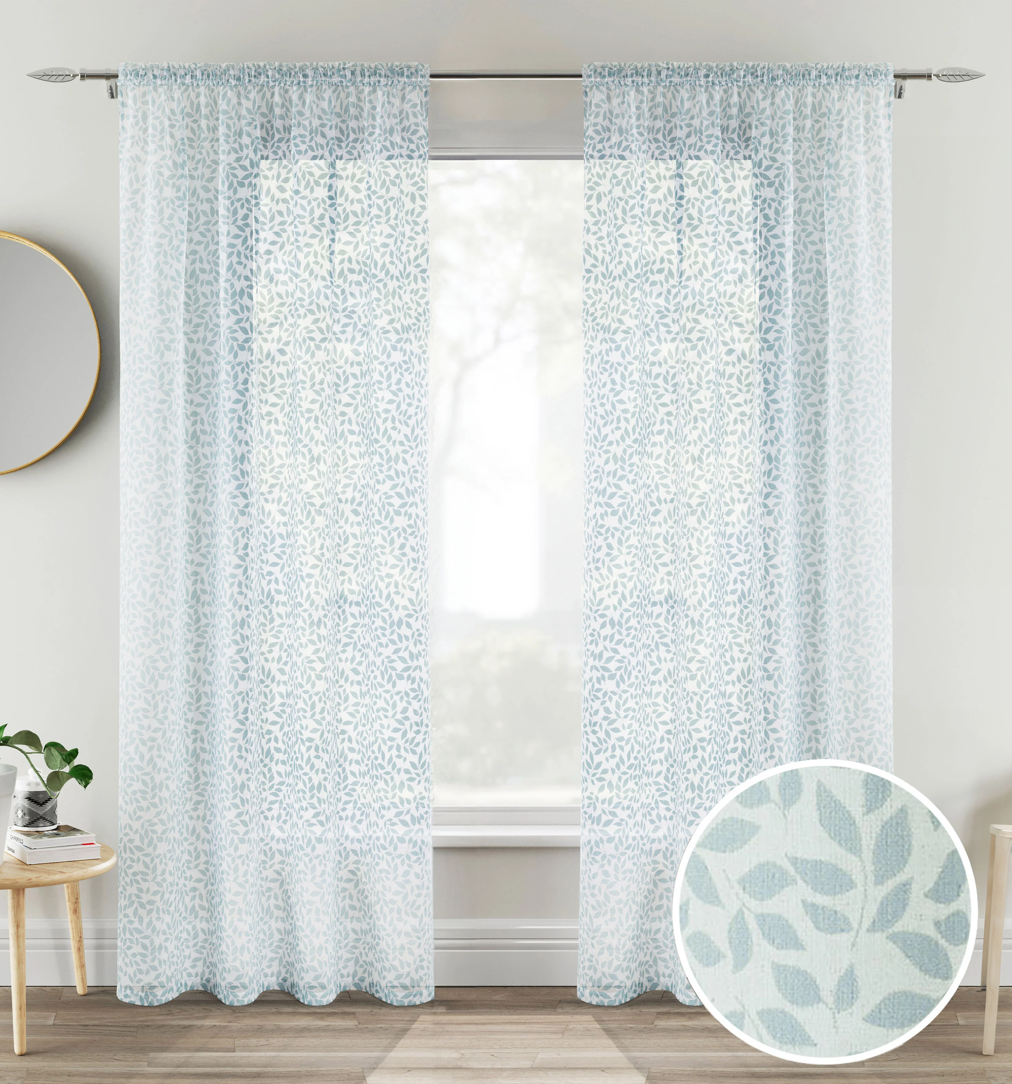 Pair of Willow Duck Egg Blue Leaf Print on Linen Look Panels, with Rod Pocket Header
