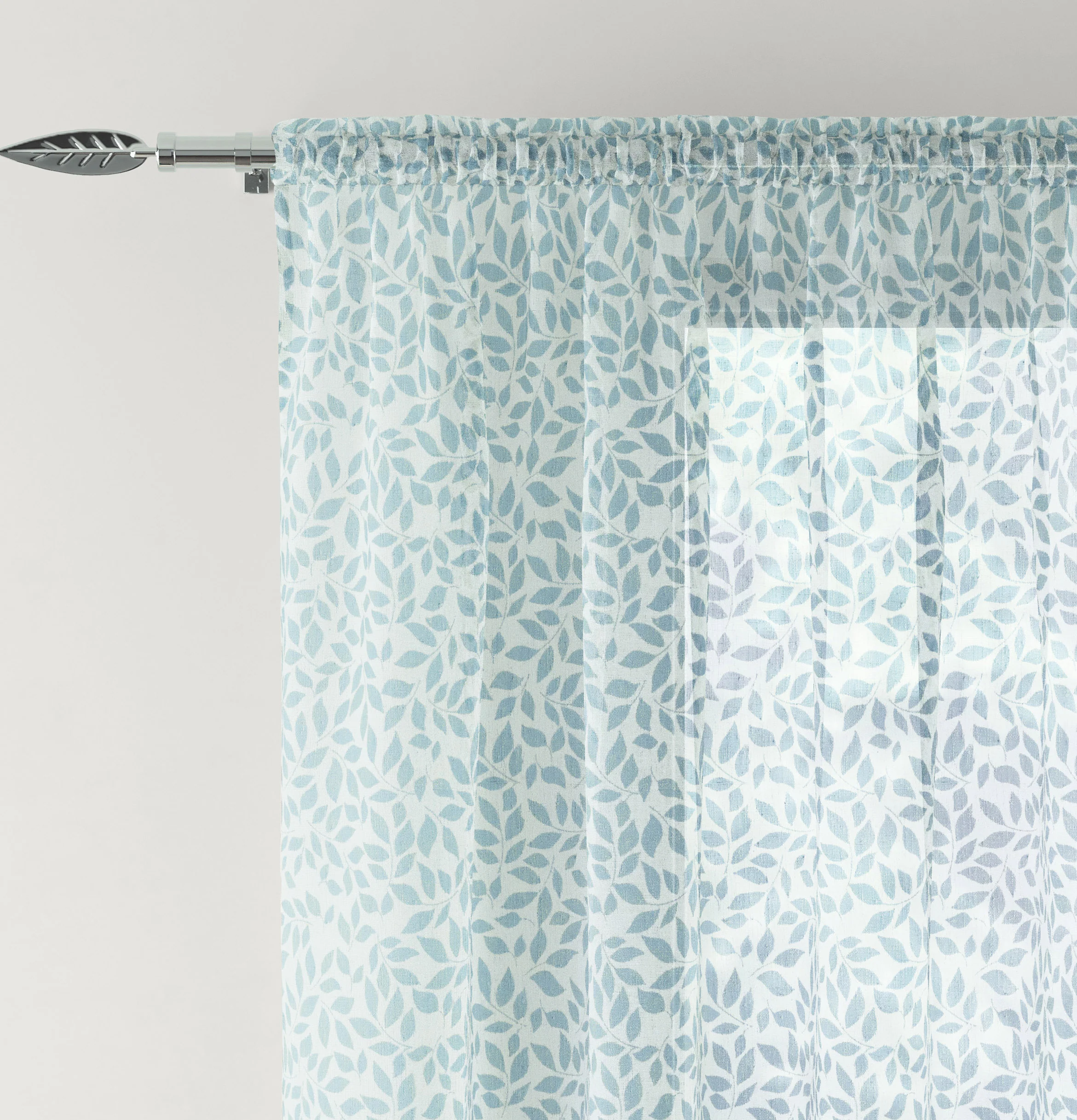 Pair of Willow Duck Egg Blue Leaf Print on Linen Look Panels, with Rod Pocket Header - Image 2
