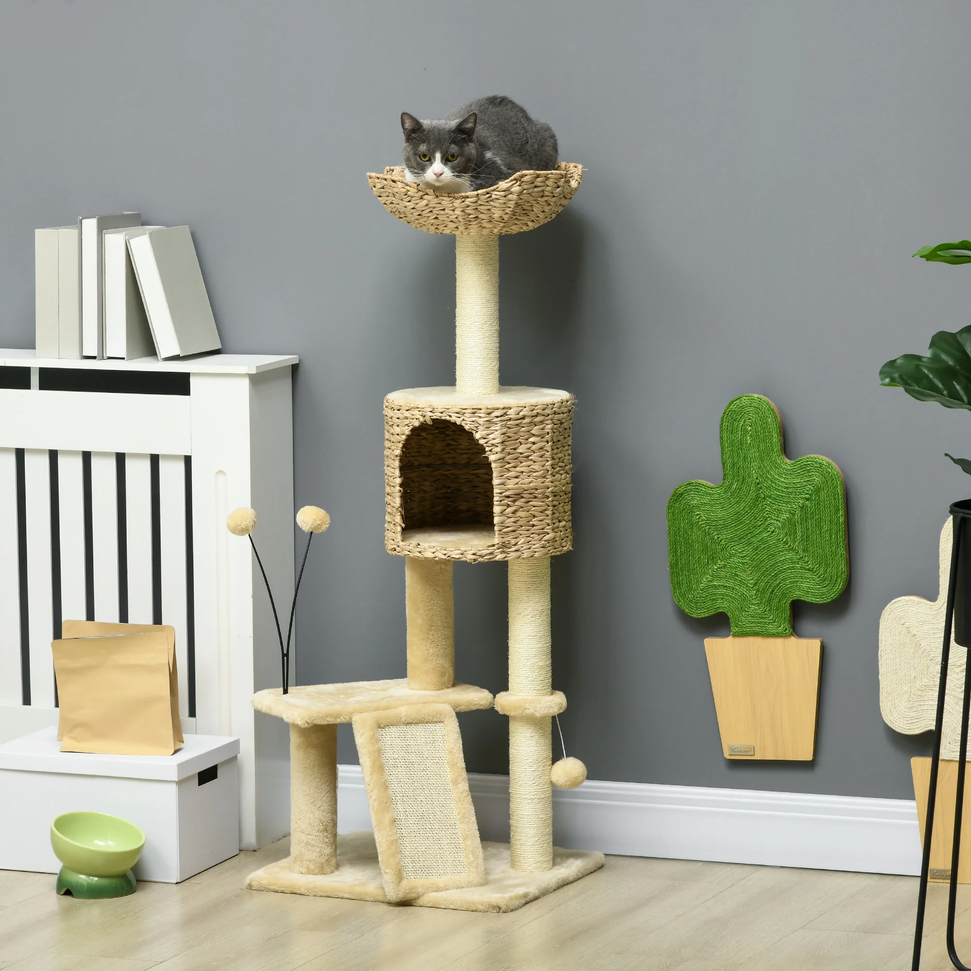 PawHut 116cm Cat Tree Tower w/ Scratching Post, Cat House, Ball, Platform, Beige - Image 2