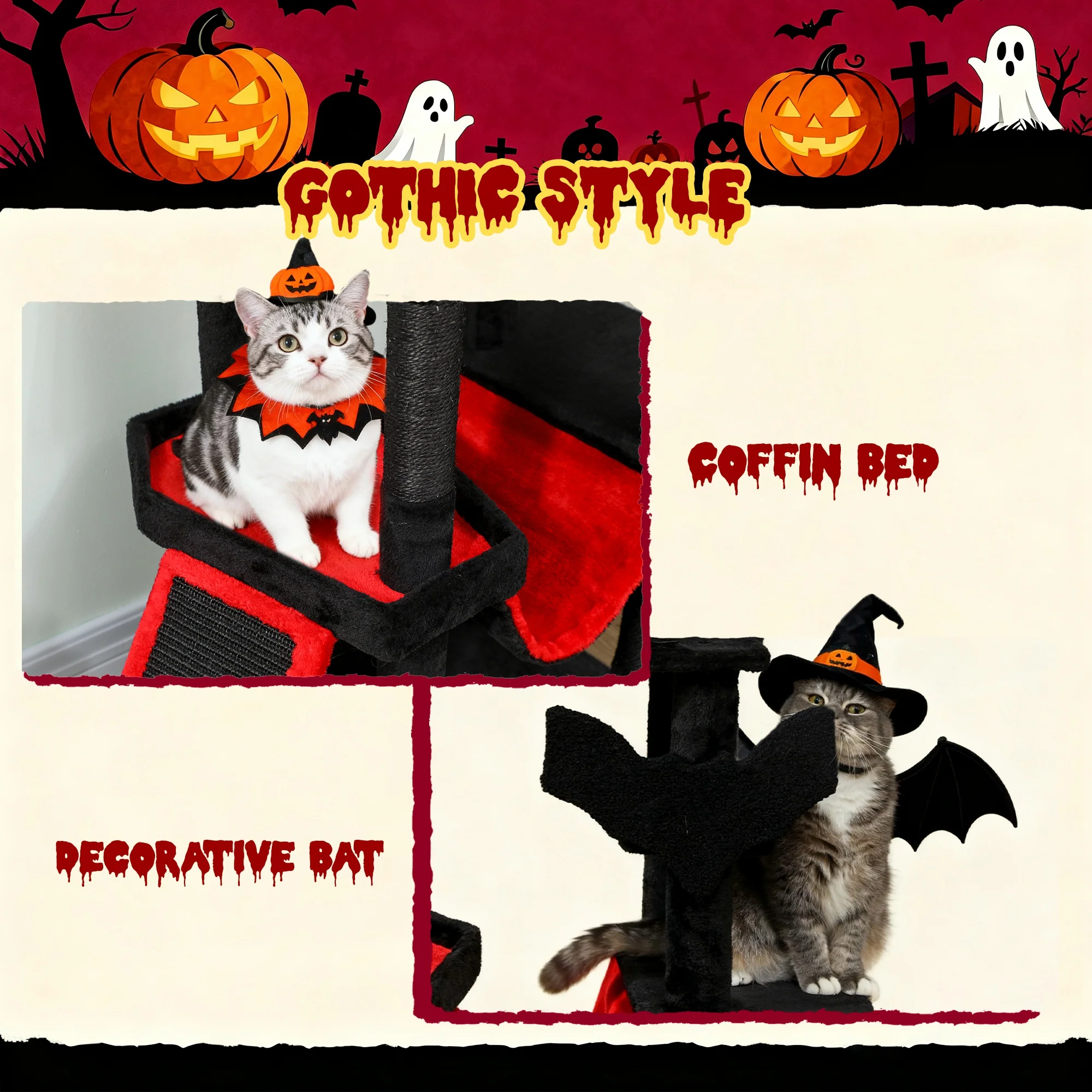 PawHut 152cm Gothic Cat Tree For Halloween With Coffin Bed, Large Condo - Image 4