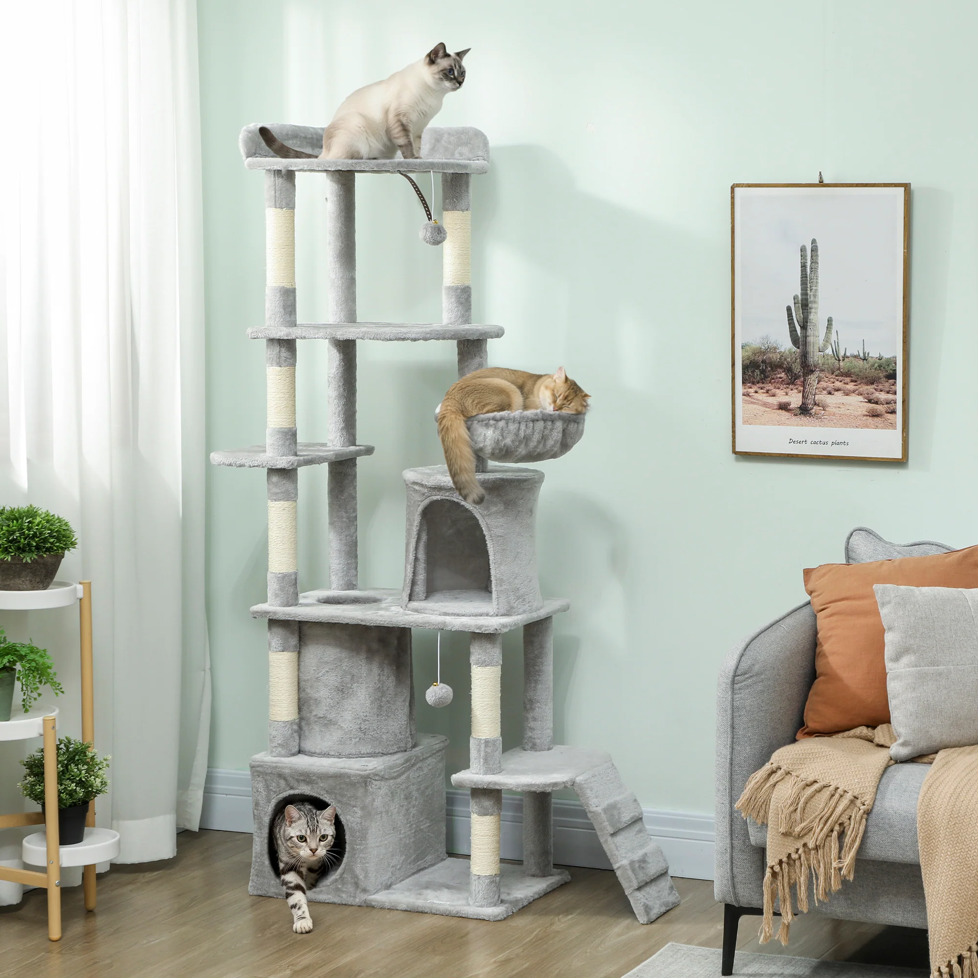 PawHut 170 Cm Cat Tree, Large Cat Tower With 7 Scratching Posts, Light Grey - Image 2