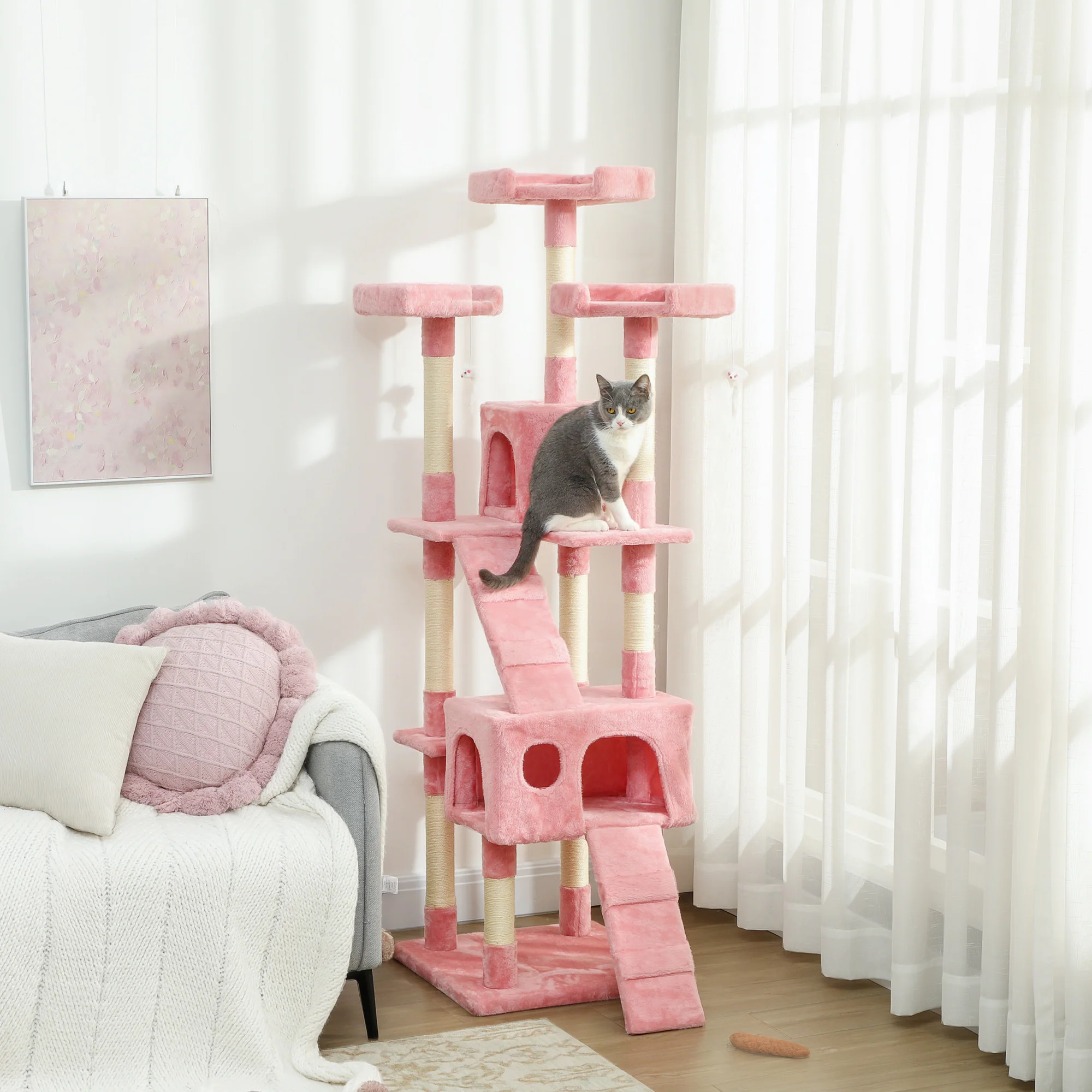 PawHut 173cm Cat Tower Scratching Post Activity Centre for Indoor Pink - Image 2