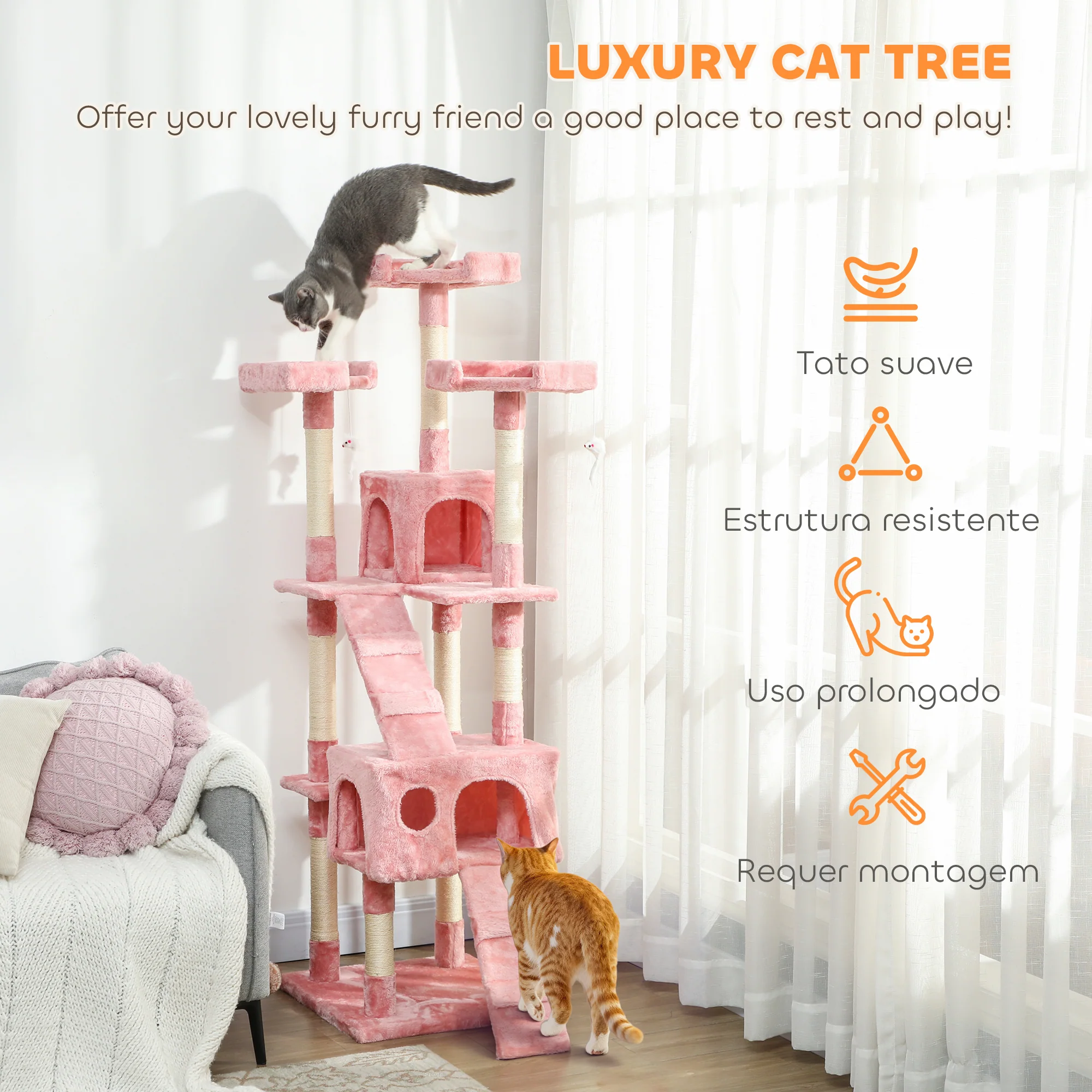 PawHut 173cm Cat Tower Scratching Post Activity Centre for Indoor Pink - Image 3