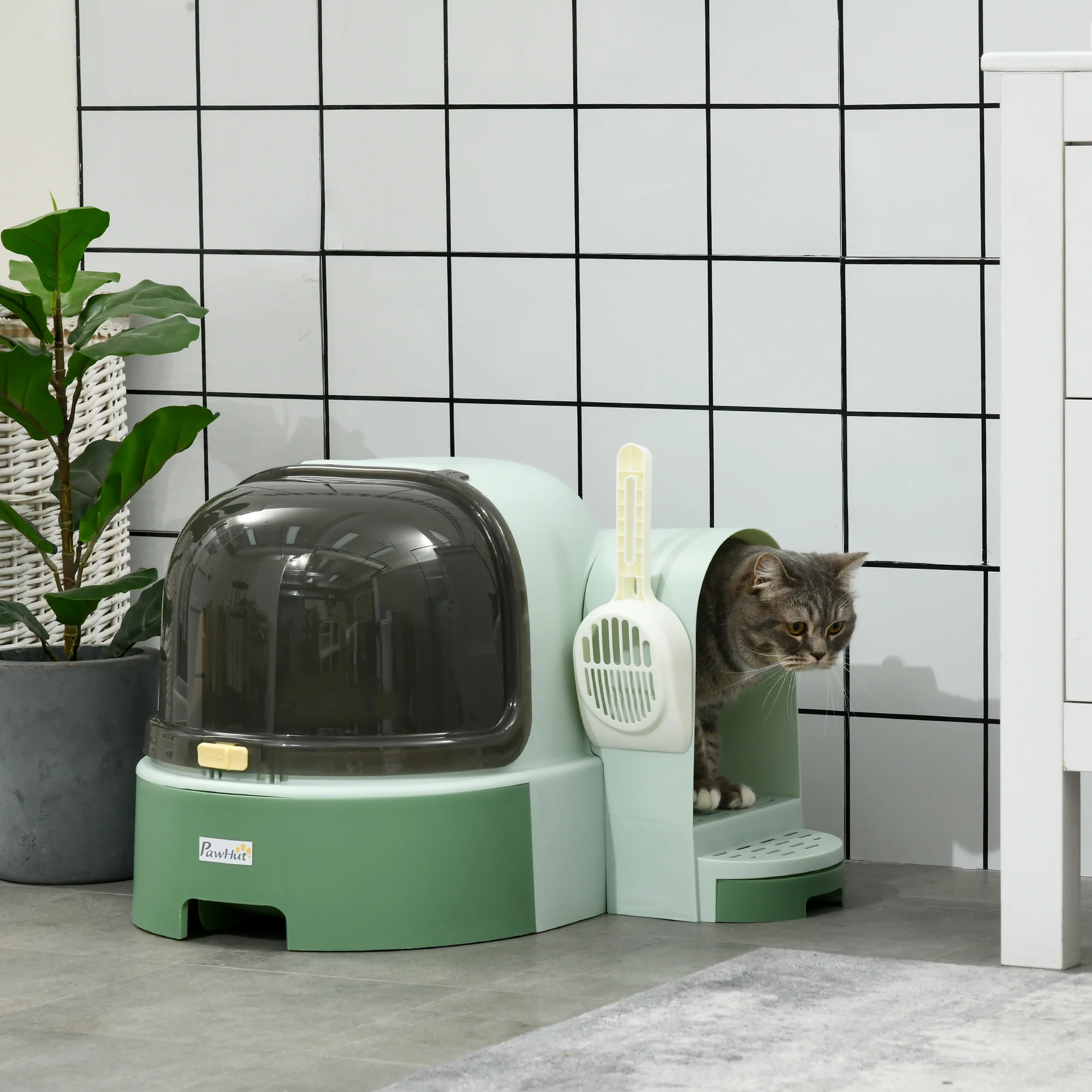 PawHut 2 In 1 Cat Litter Tray w/ Drawer Pans, Scoop, Openable Cover - Green - Image 2