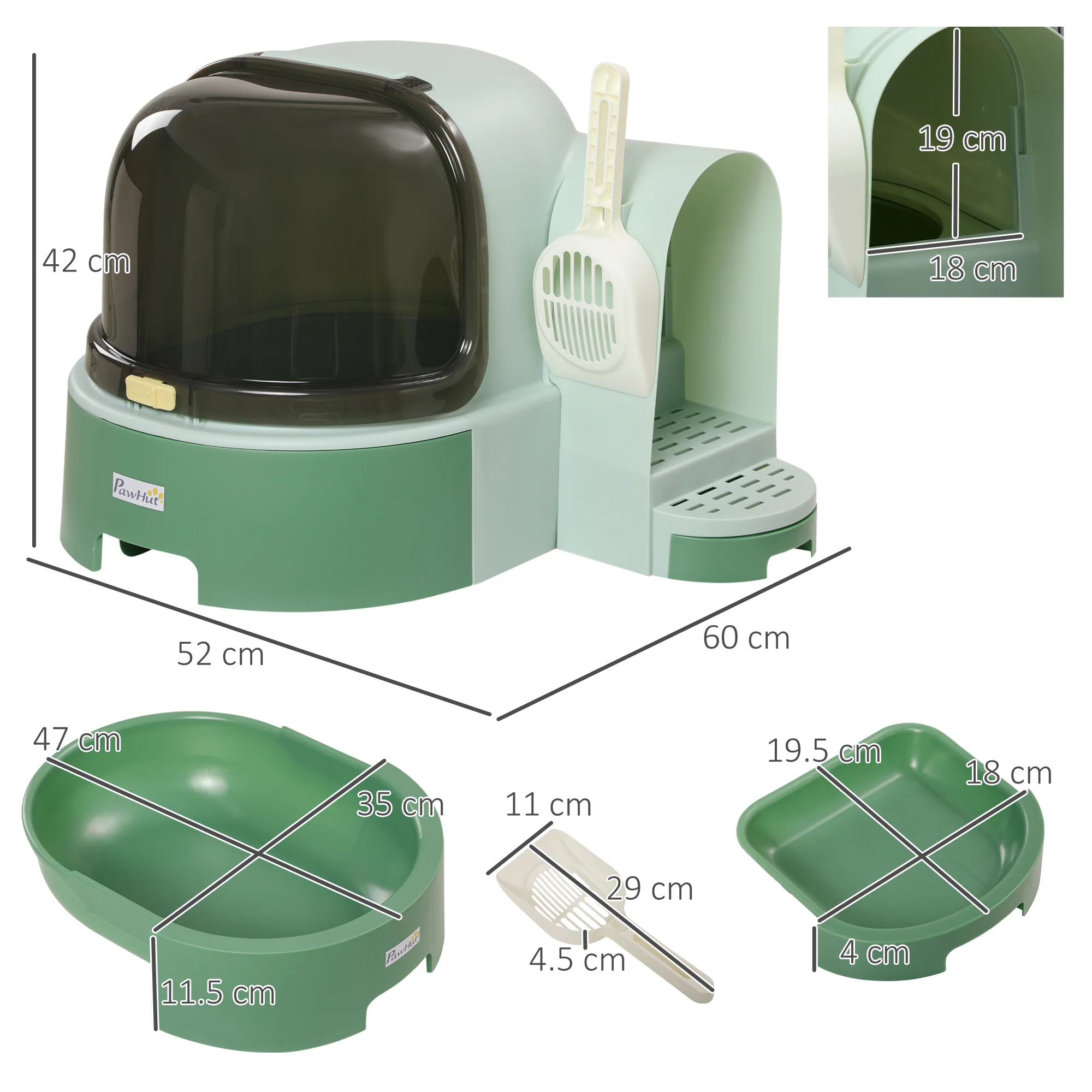 PawHut 2 In 1 Cat Litter Tray w/ Drawer Pans, Scoop, Openable Cover - Green - Image 5