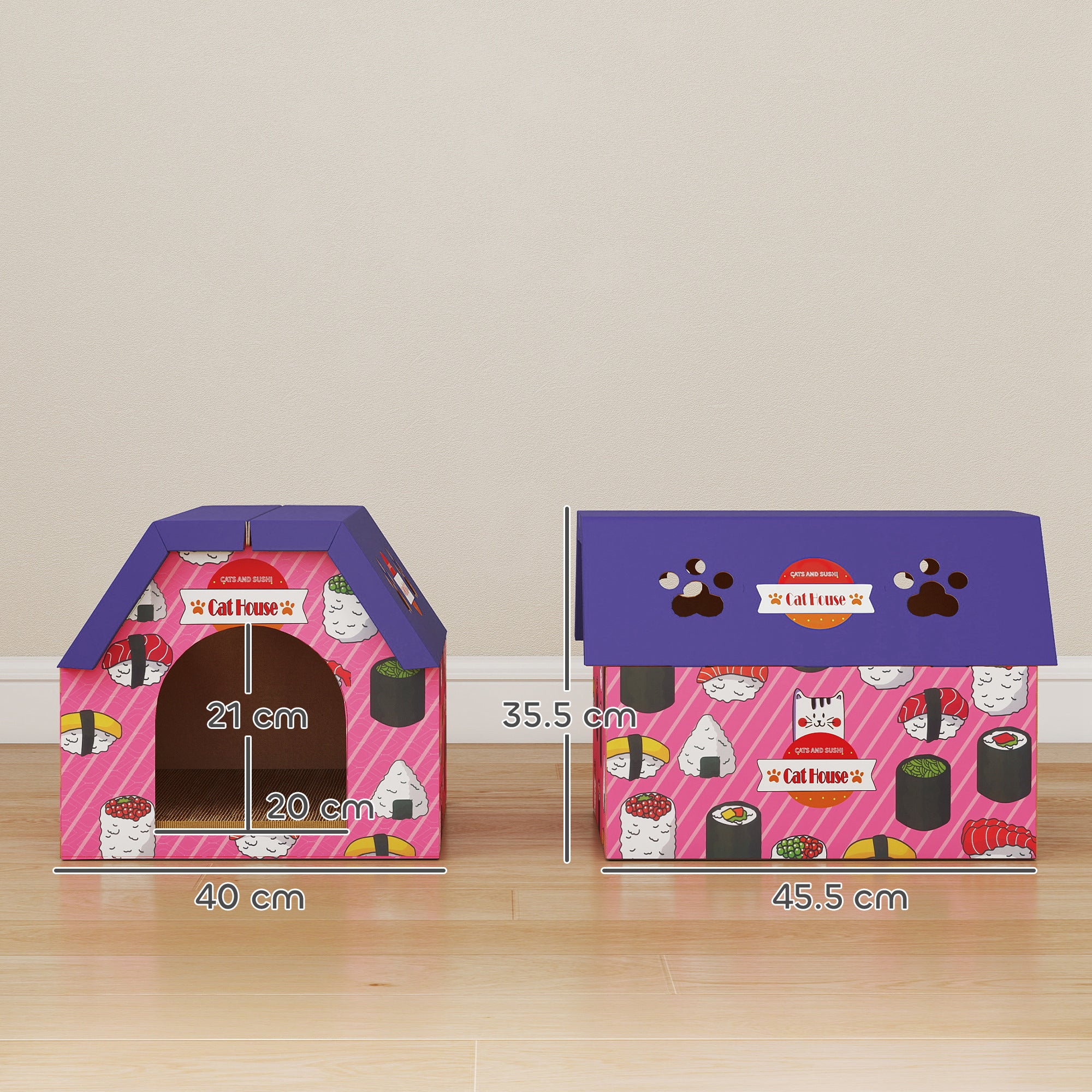 PawHut 2-in-1 Cat Scratching Board House With 4 Paw-Shaped Vents, Pink - Image 5