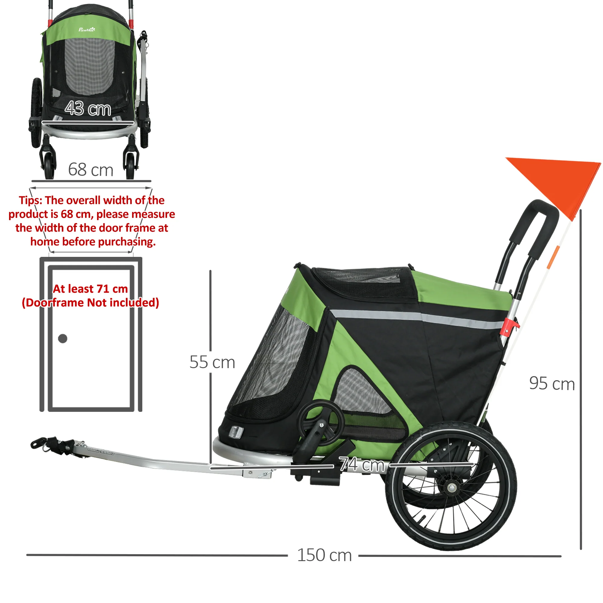 PawHut 2 in 1 Dog Bike Trailer, Foldable Dog Stroller for Medium Dogs - Image 5