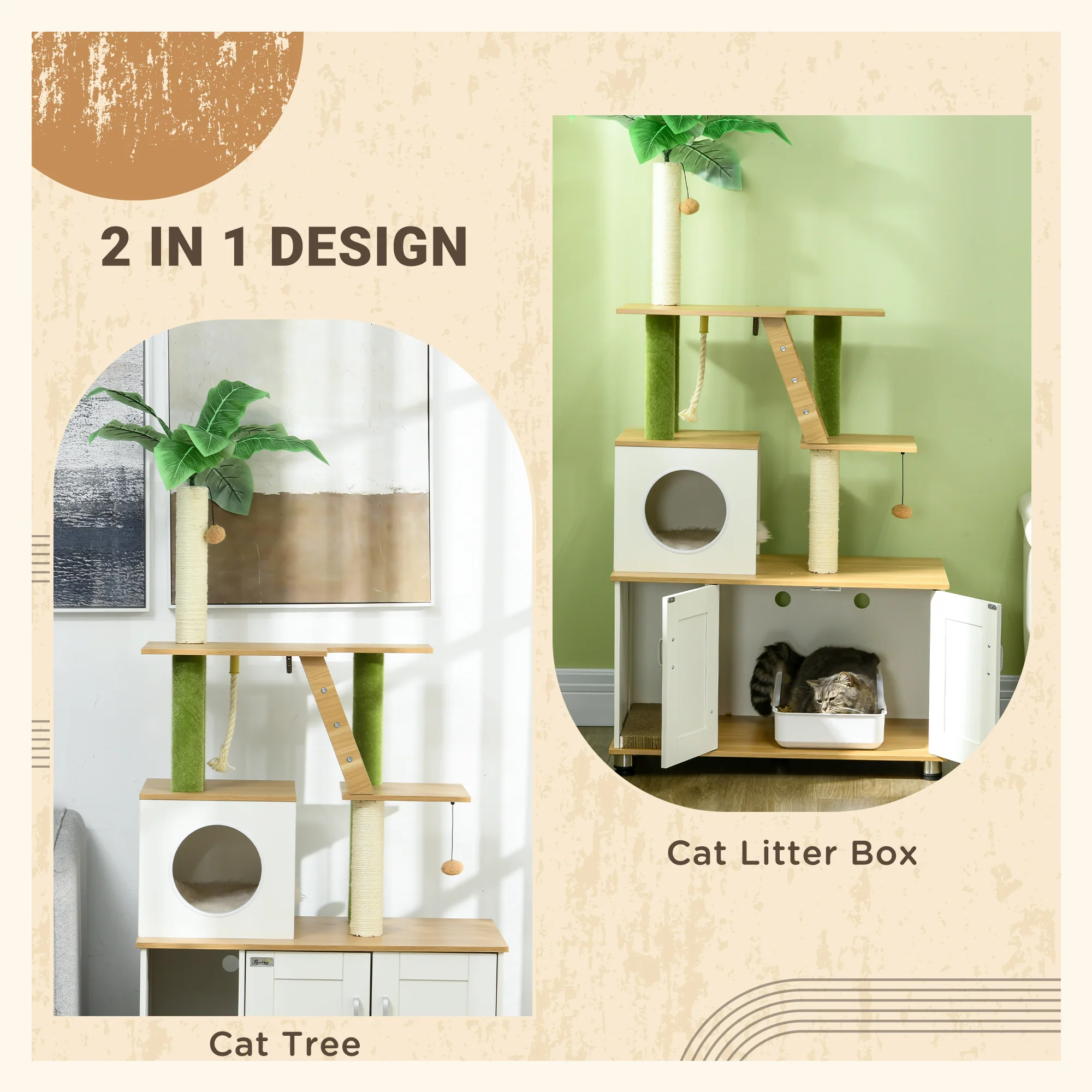 PawHut 2-in-1 Hidden Litter Box with Green Leaf Cat Tree, Indoor - Oak - Image 3