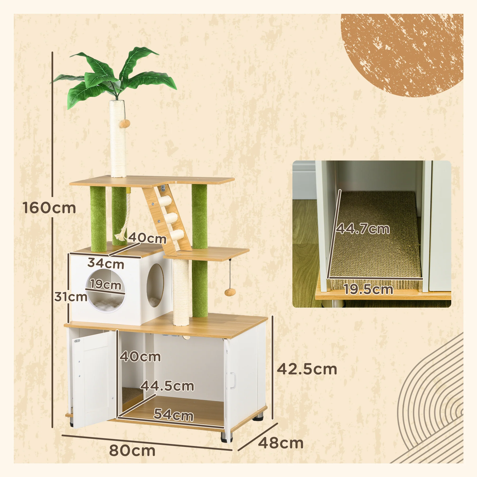 PawHut 2-in-1 Hidden Litter Box with Green Leaf Cat Tree, Indoor - Oak - Image 5