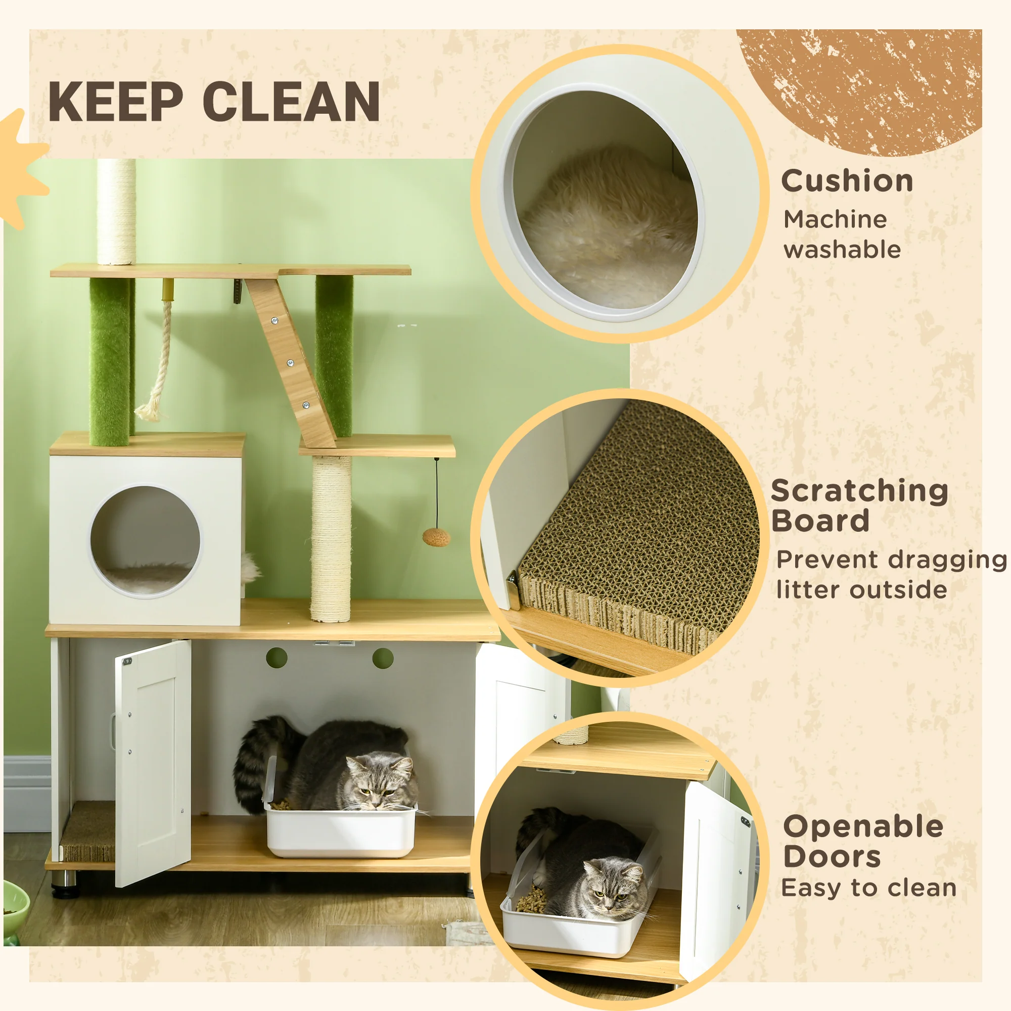 PawHut 2-in-1 Hidden Litter Box with Green Leaf Cat Tree, Indoor - Oak - Image 6