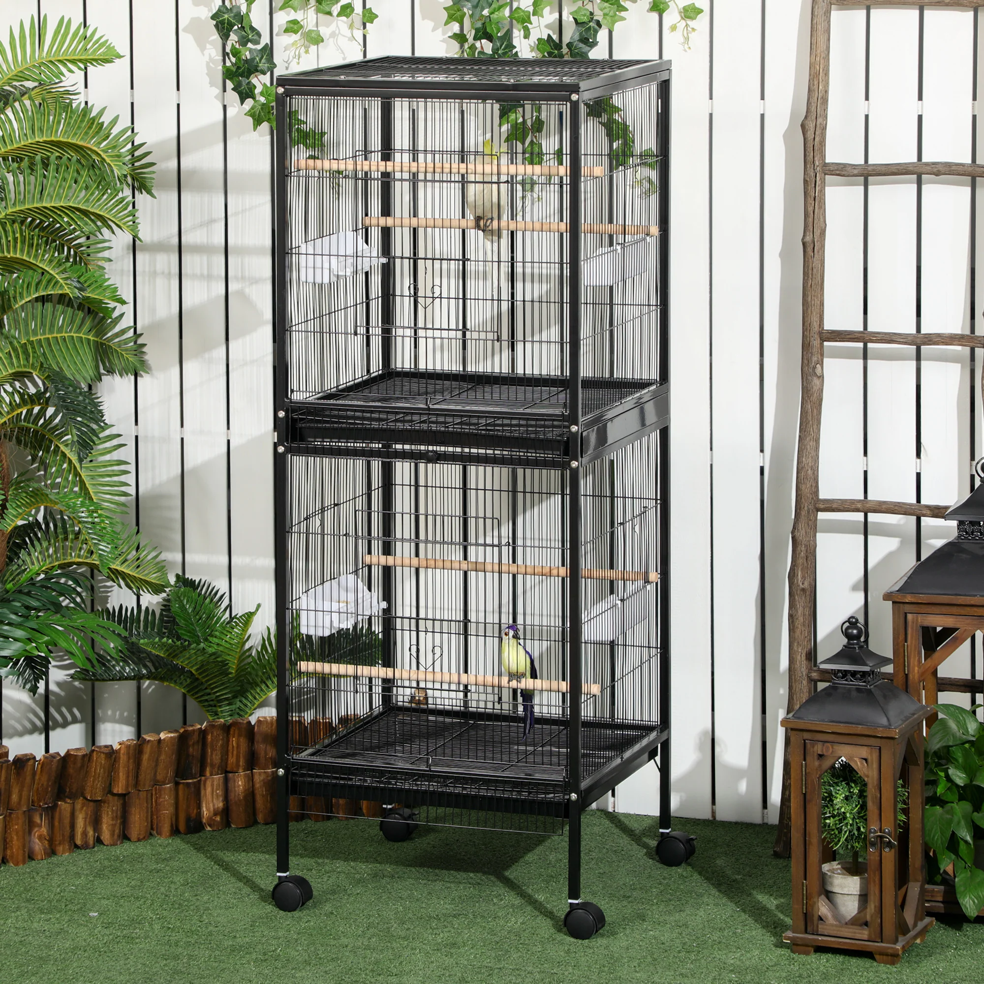 PawHut 2 In 1 Large Bird Cage Aviary With Wheels, Slide-out Trays Wood Perches - Image 2