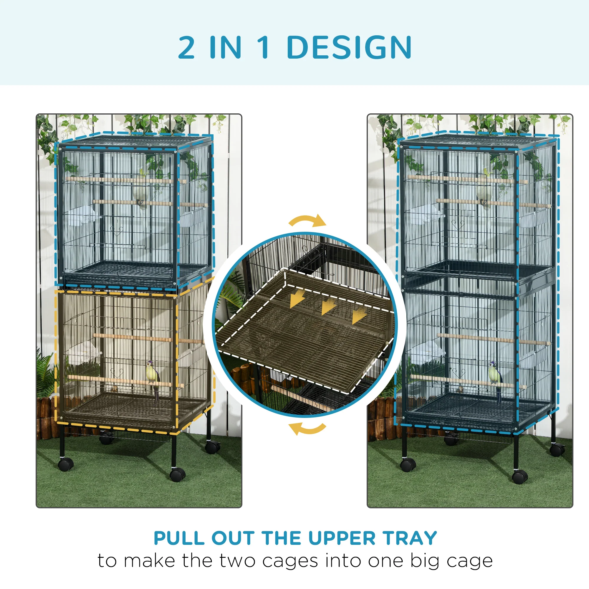 PawHut 2 In 1 Large Bird Cage Aviary With Wheels, Slide-out Trays Wood Perches - Image 3
