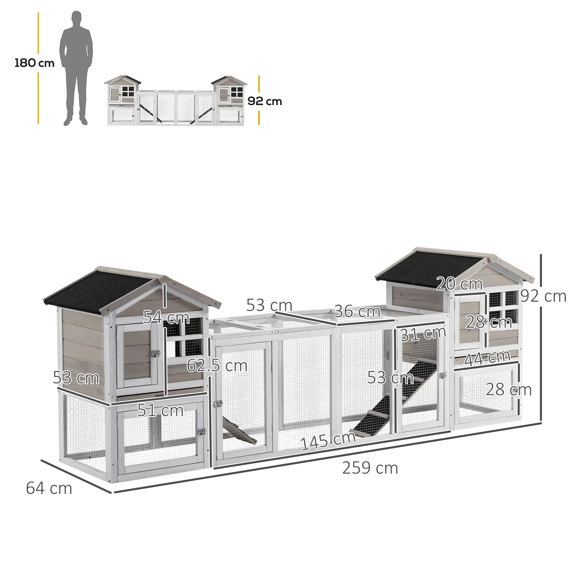 PawHut 2-In-1 Rabbit Hutch w/ Double House, Run Box, Slide-Out Tray, Ramp - Image 4