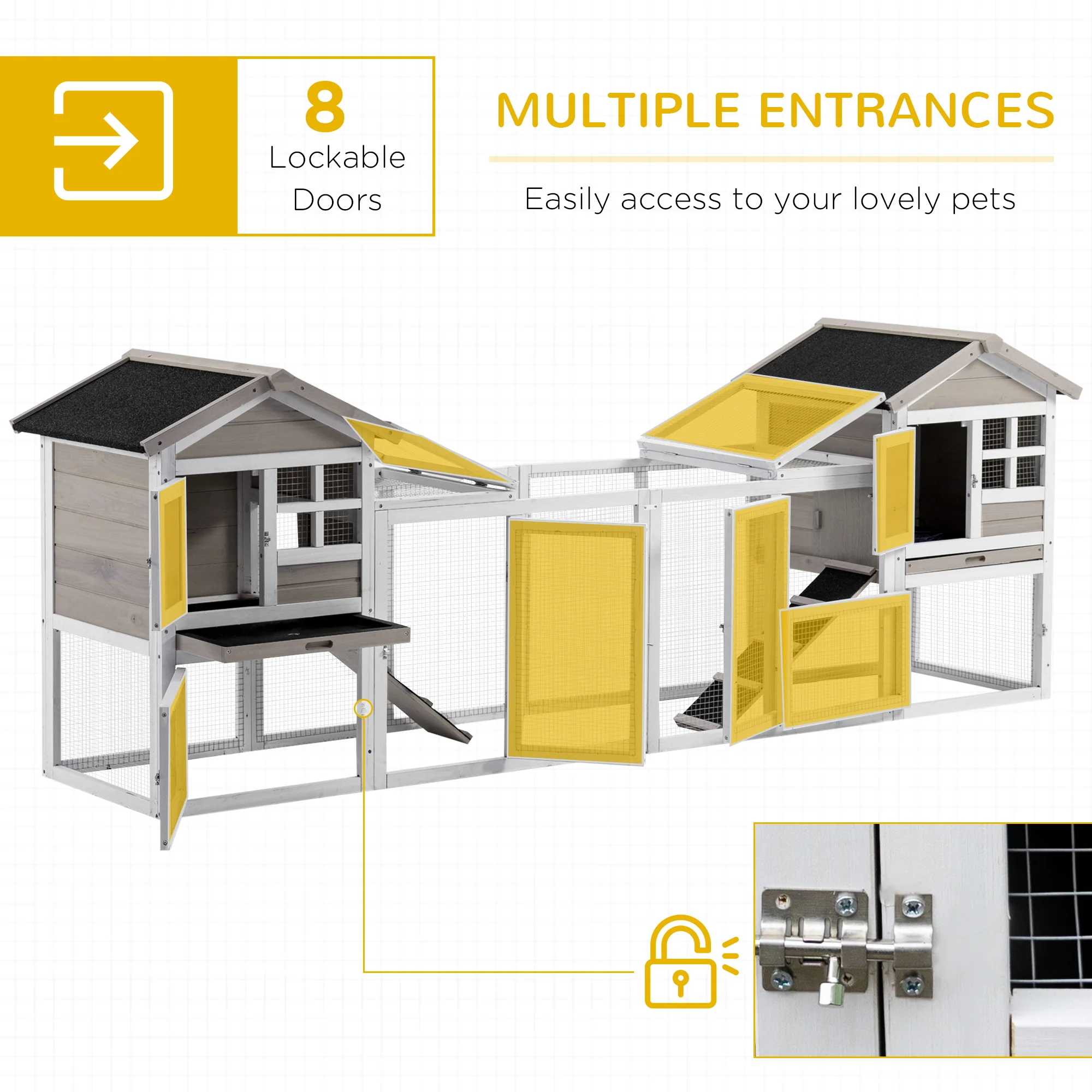 PawHut 2-In-1 Rabbit Hutch w/ Double House, Run Box, Slide-Out Tray, Ramp - Image 5