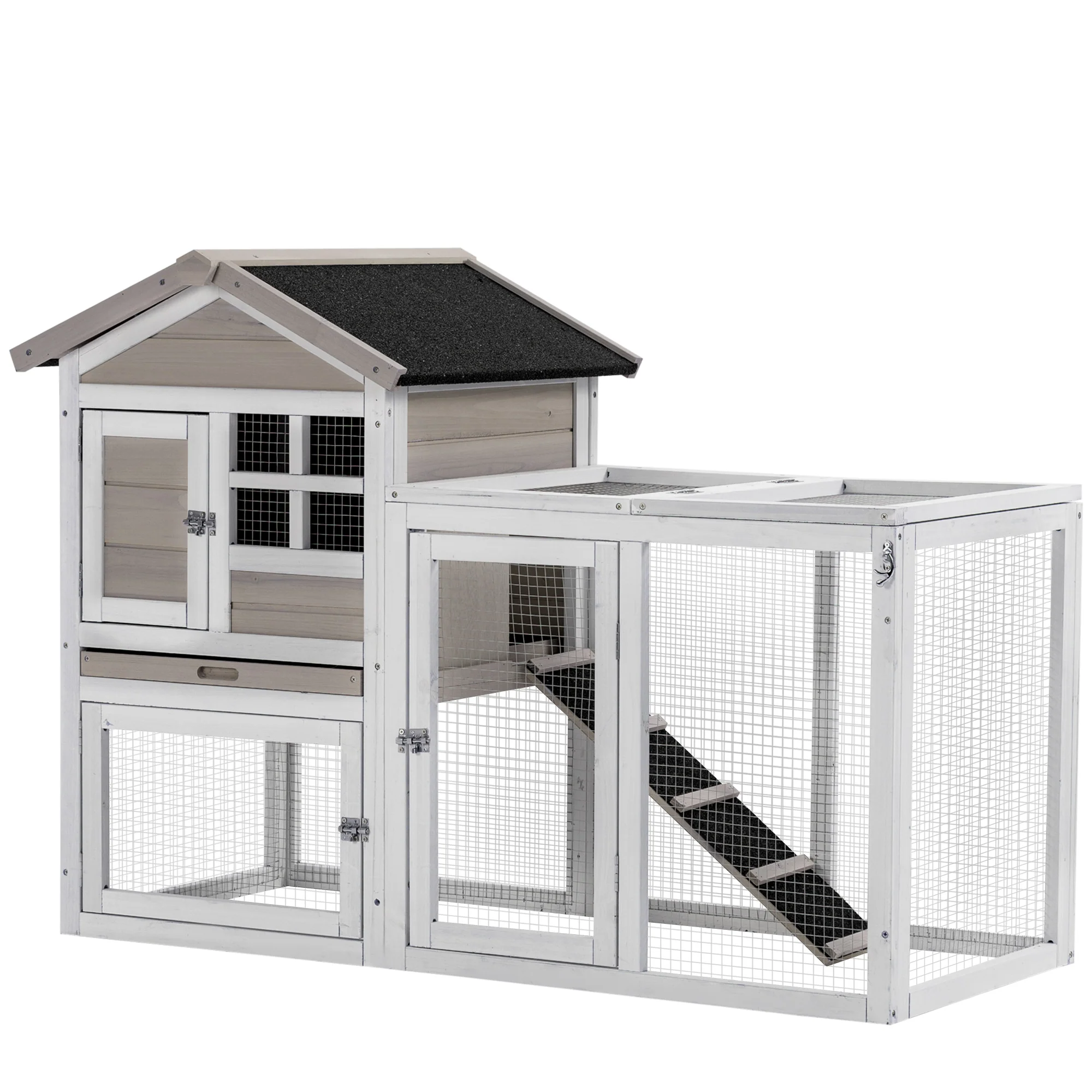 PawHut 2-In-1 Rabbit Hutch w/ Double House, Run Box, Slide-Out Tray, Ramp - Image 7